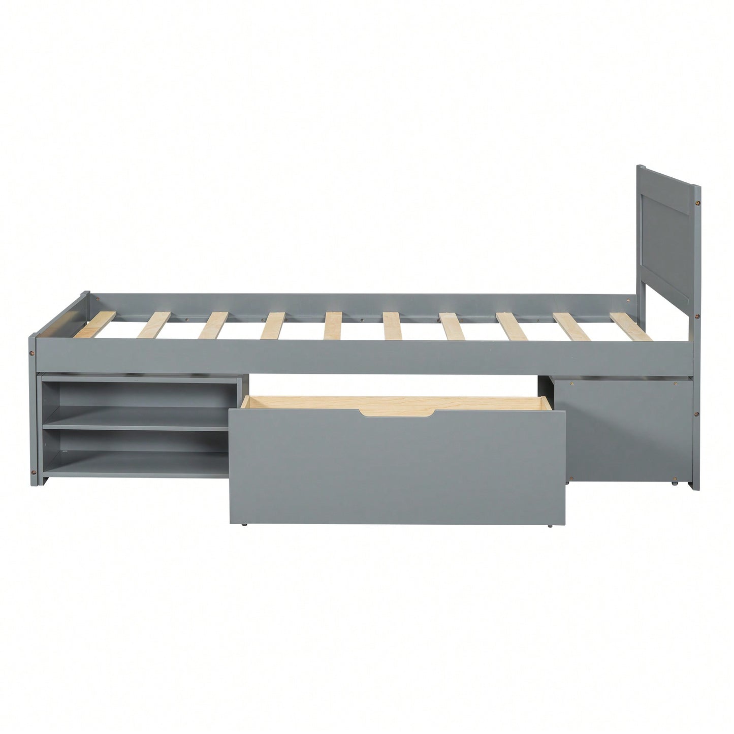 Twin Size Platform Bed With Storage Drawer And Two Shelves Gray