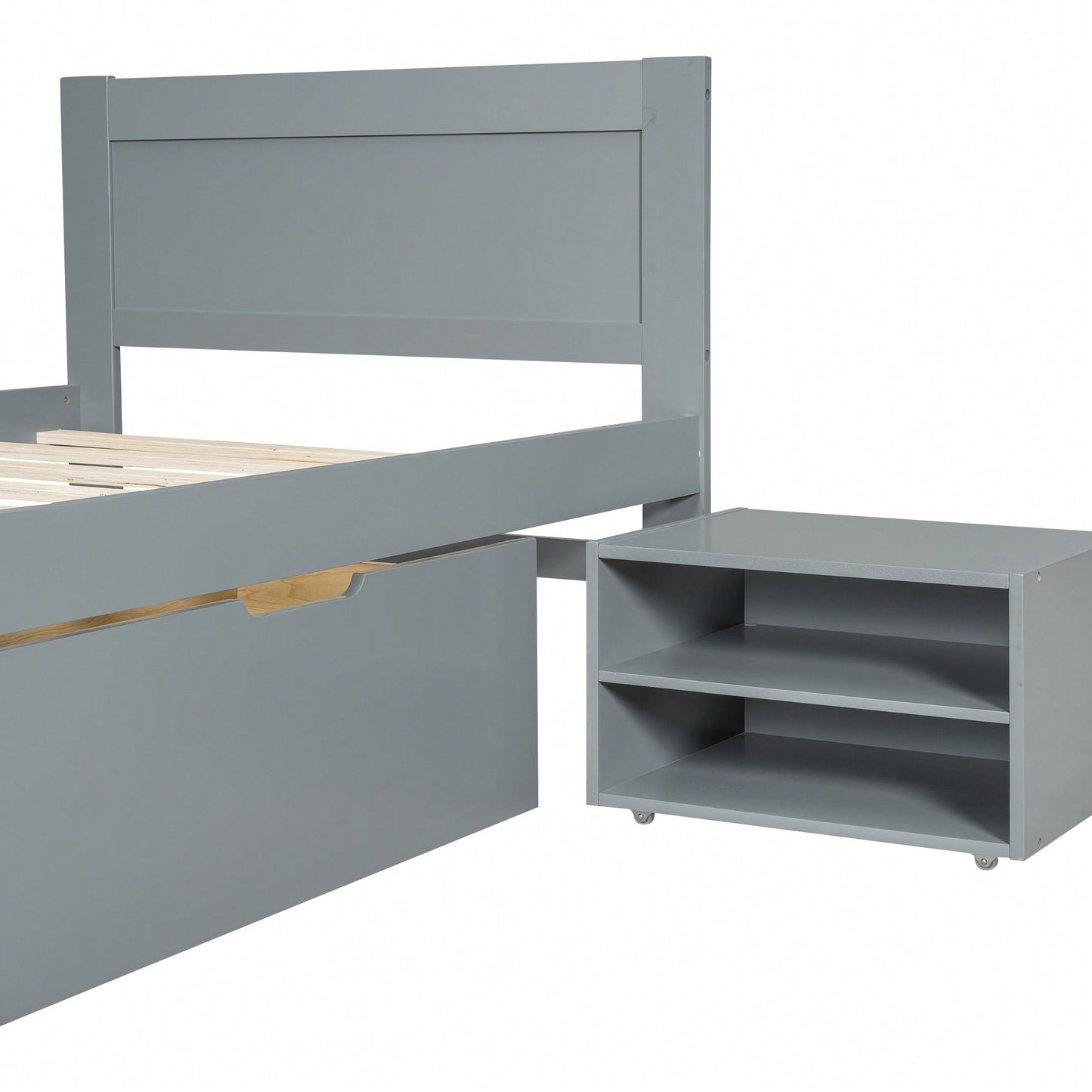 Twin Size Platform Bed With Storage Drawer And Two Shelves Gray