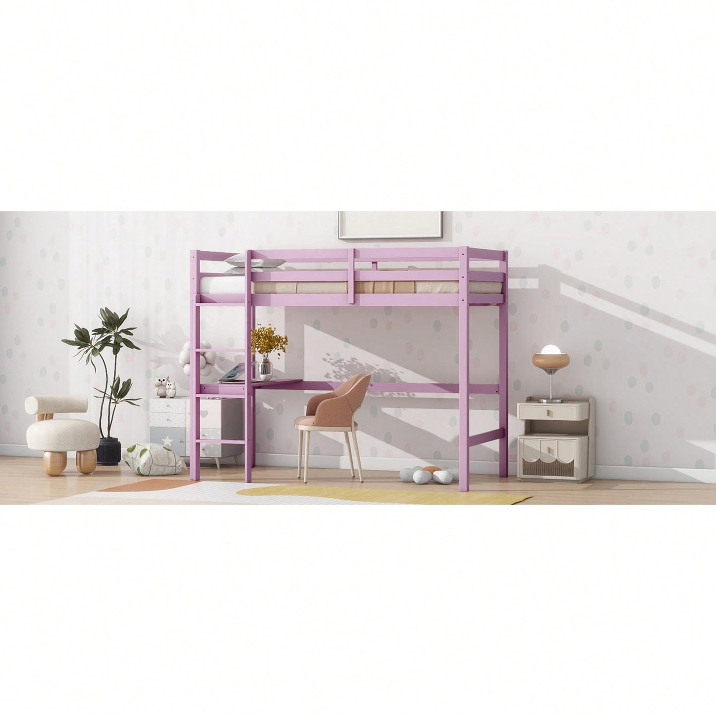 Twin High Loft Bed With Safety Guardrail And Built-In Desk In White Oak Finish