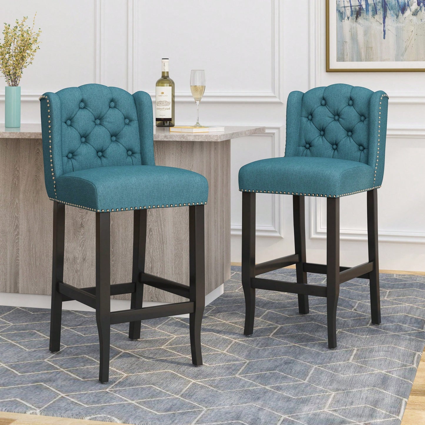 Fabric Tufted Wingback Counter Stools Set Of 2 With Dark Brown Legs 31 Inch Height Navy Blue