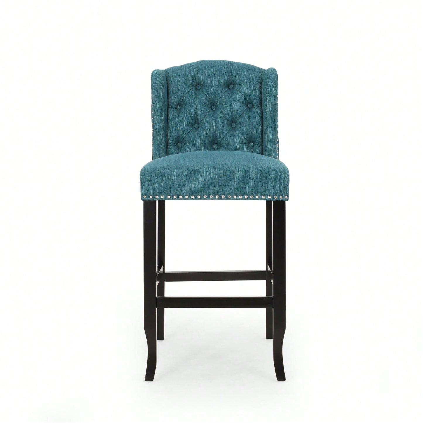 Fabric Tufted Wingback Counter Stools Set Of 2 With Dark Brown Legs 31 Inch Height Navy Blue