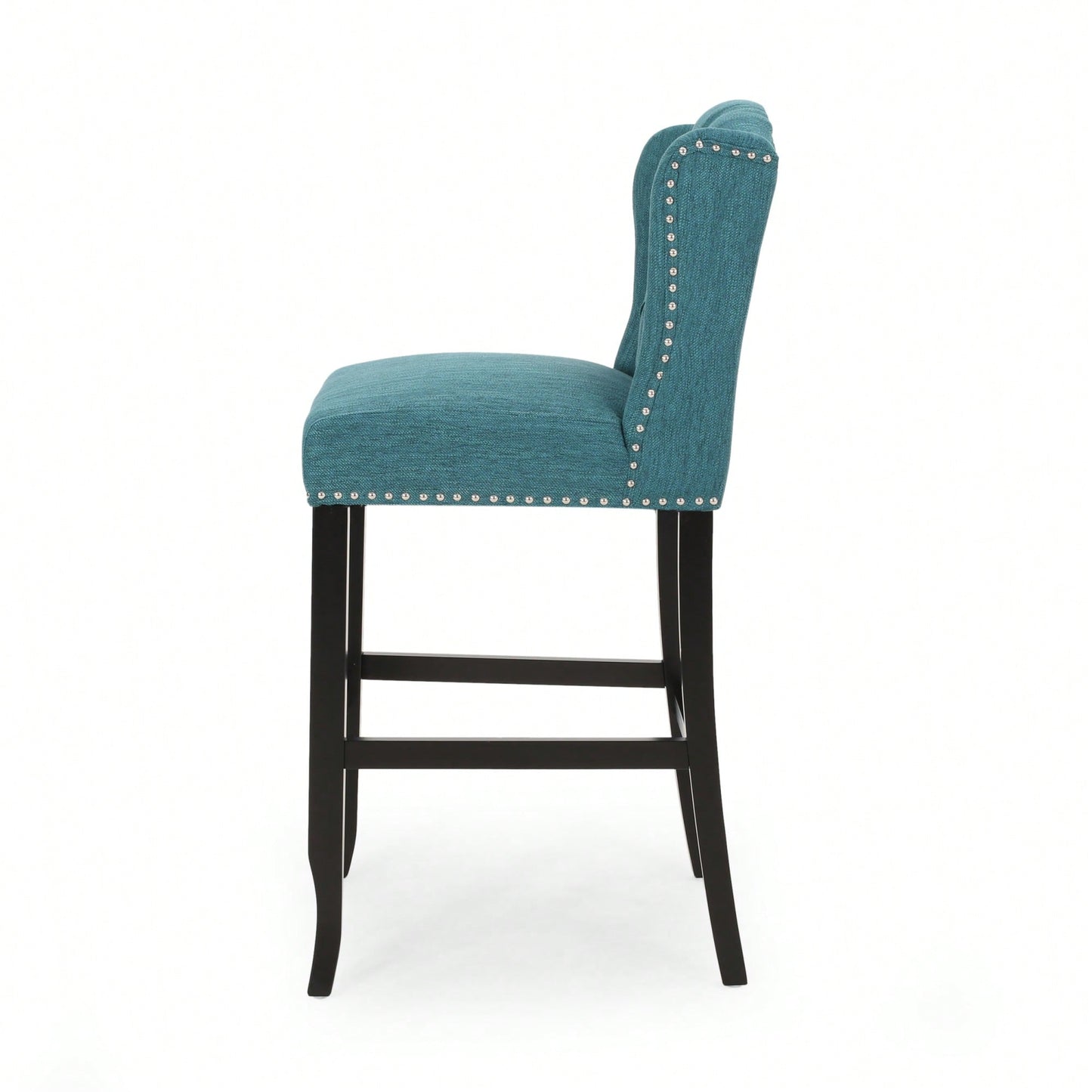 Fabric Tufted Wingback Counter Stools Set Of 2 With Dark Brown Legs 31 Inch Height Navy Blue