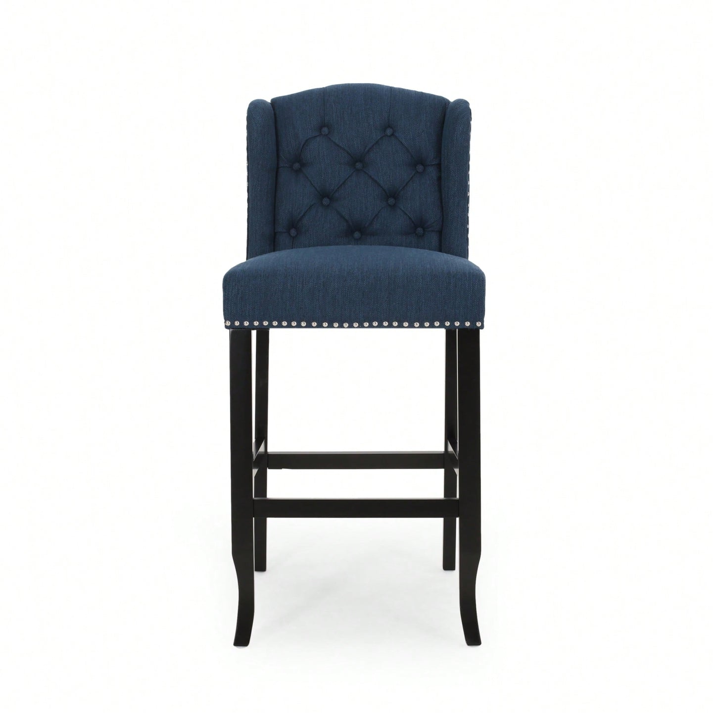 Fabric Tufted Wingback Counter Stools Set Of 2 With Dark Brown Legs 31 Inch Height Navy Blue