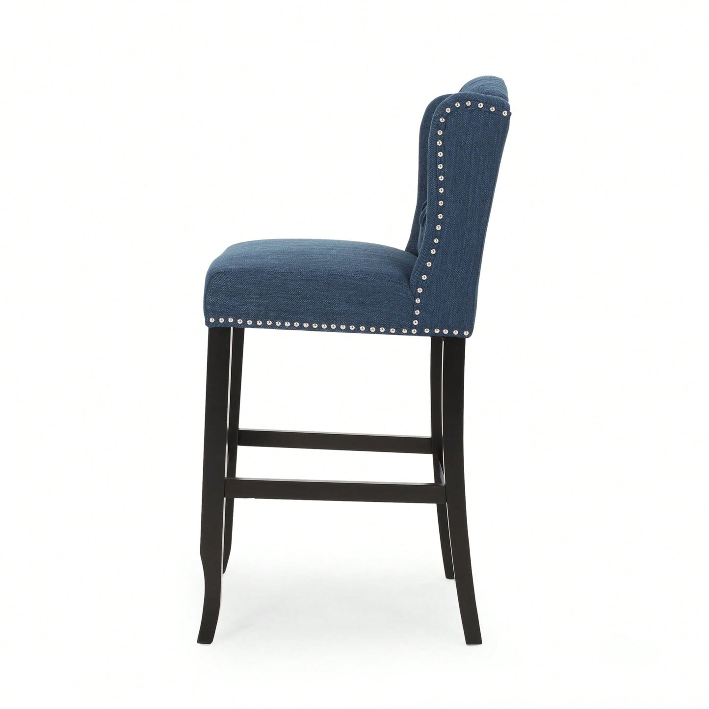Fabric Tufted Wingback Counter Stools Set Of 2 With Dark Brown Legs 31 Inch Height Navy Blue
