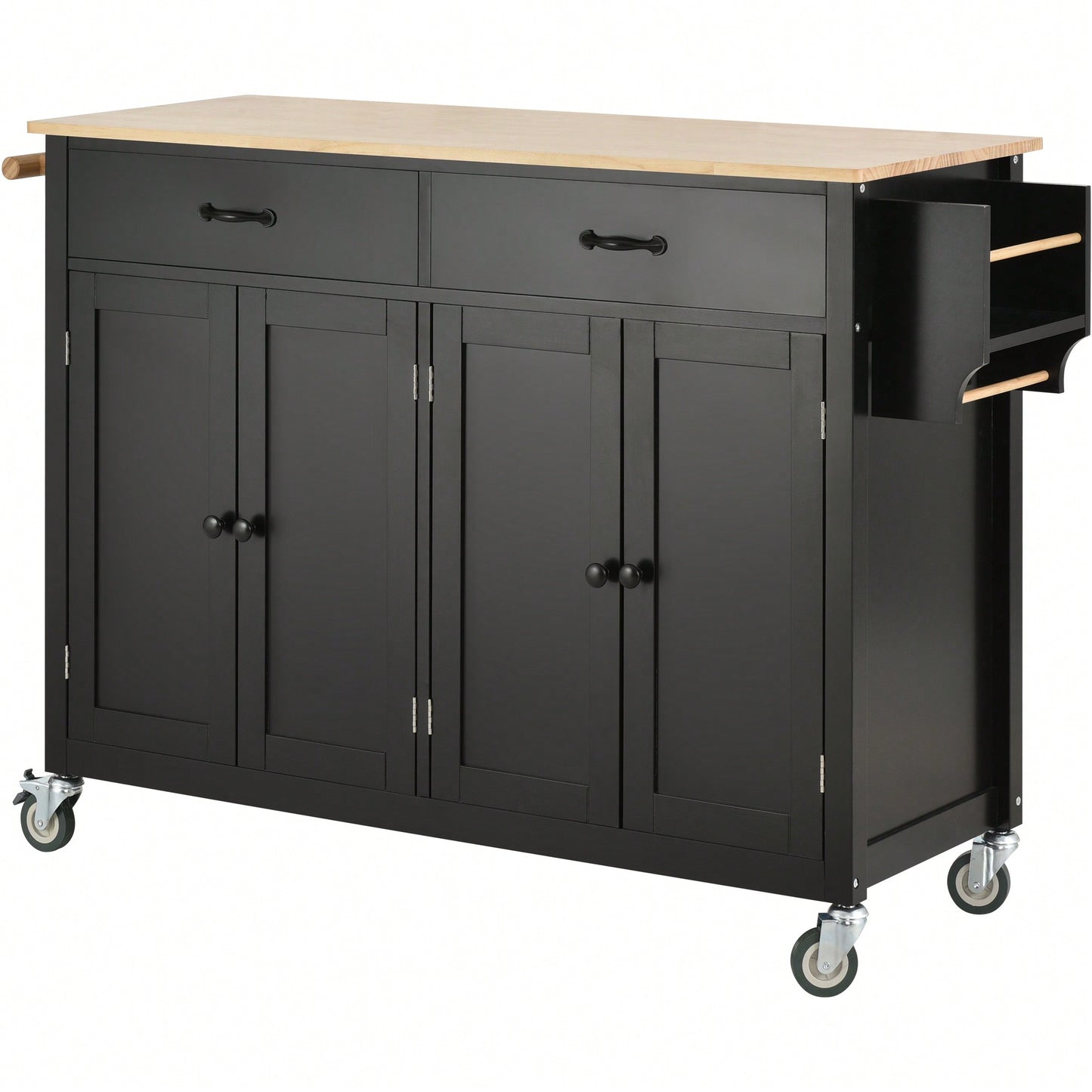 Versatile Kitchen Island Cart With Solid Wood Top, Locking Wheels, Ample Storage, And Convenient Accessories In Black Finish