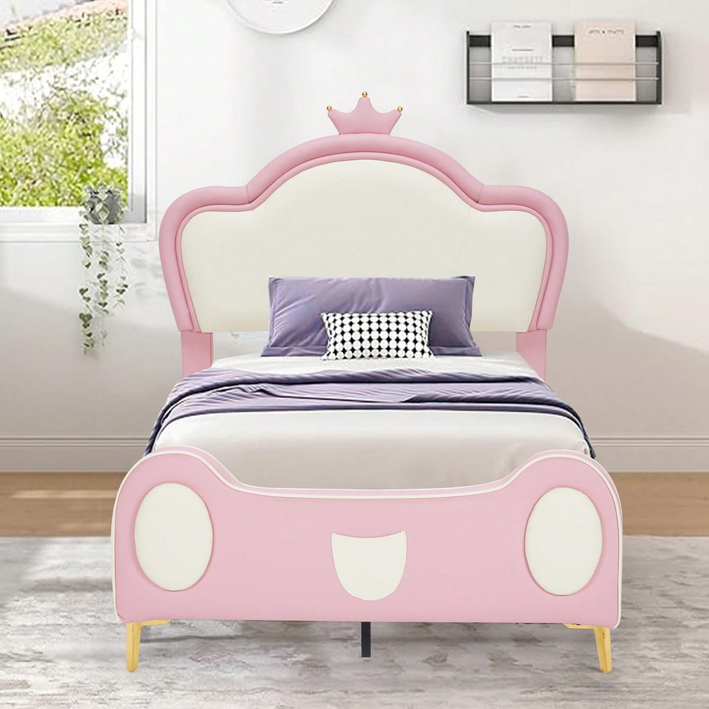 Twin Size Princess Bed With Crown Headboard And Storage Pocket, PU Upholstered Platform Bed For Kids, Easy Assembly, Pink
