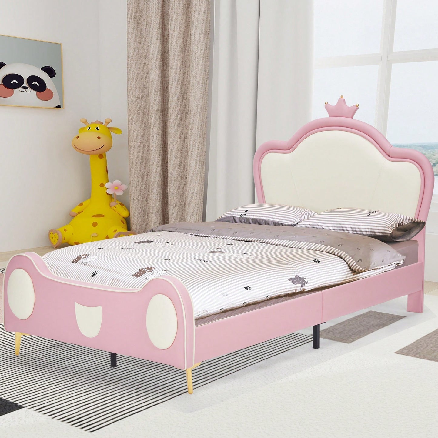 Twin Size Princess Bed With Crown Headboard And Storage Pocket, PU Upholstered Platform Bed For Kids, Easy Assembly, Pink