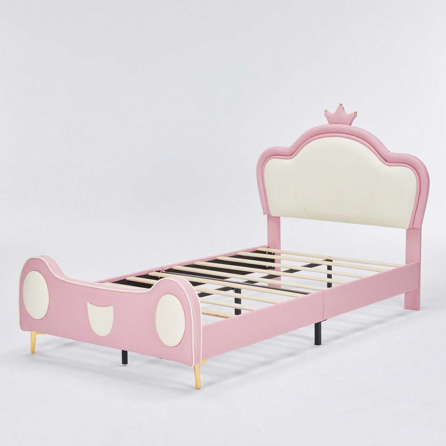 Twin Size Princess Bed With Crown Headboard And Storage Pocket, PU Upholstered Platform Bed For Kids, Easy Assembly, Pink