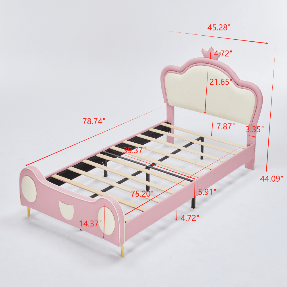Twin Size Princess Bed With Crown Headboard And Storage Pocket, PU Upholstered Platform Bed For Kids, Easy Assembly, Pink