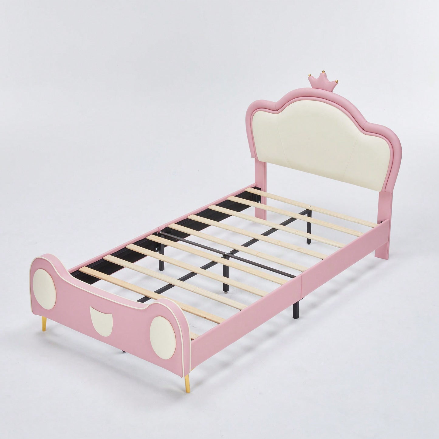 Twin Size Princess Bed With Crown Headboard And Storage Pocket, PU Upholstered Platform Bed For Kids, Easy Assembly, Pink