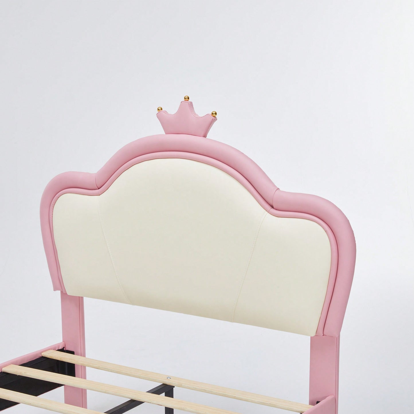Twin Size Princess Bed With Crown Headboard And Storage Pocket, PU Upholstered Platform Bed For Kids, Easy Assembly, Pink