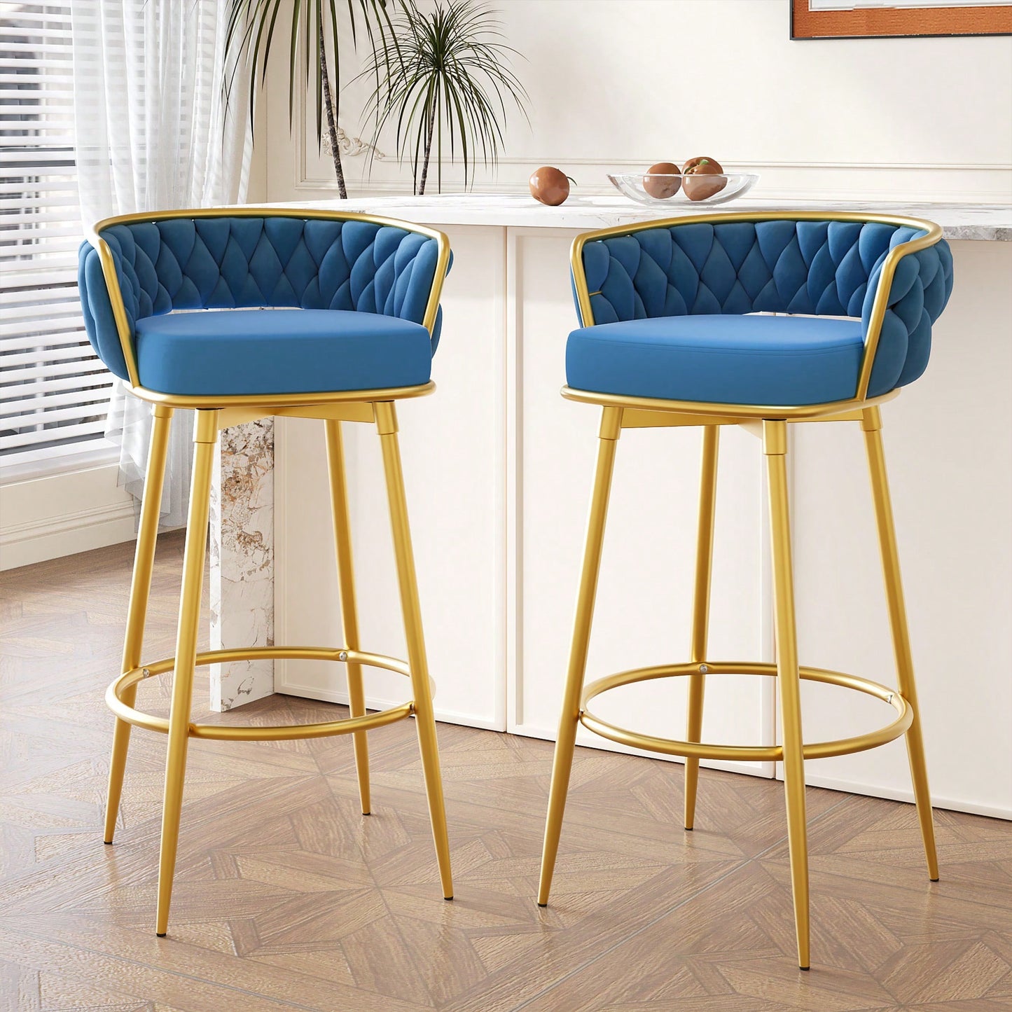 Modern Swivel Counter Height Bar Stools Set of 2 with Hand-Woven Backrest Gold Metal Legs Upholstered Low Back Kitchen Chairs Beige