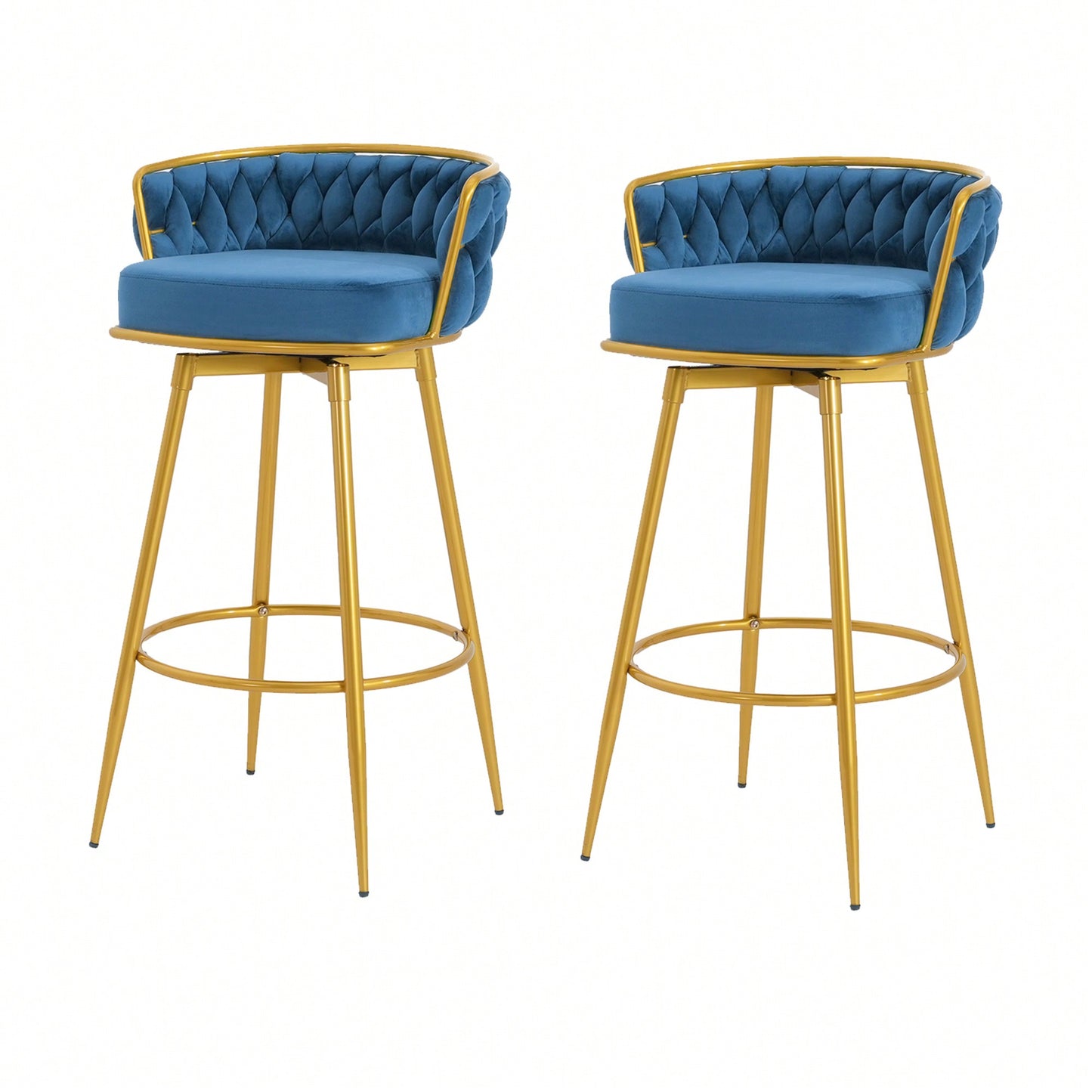 Modern Swivel Counter Height Bar Stools Set of 2 with Hand-Woven Backrest Gold Metal Legs Upholstered Low Back Kitchen Chairs Beige