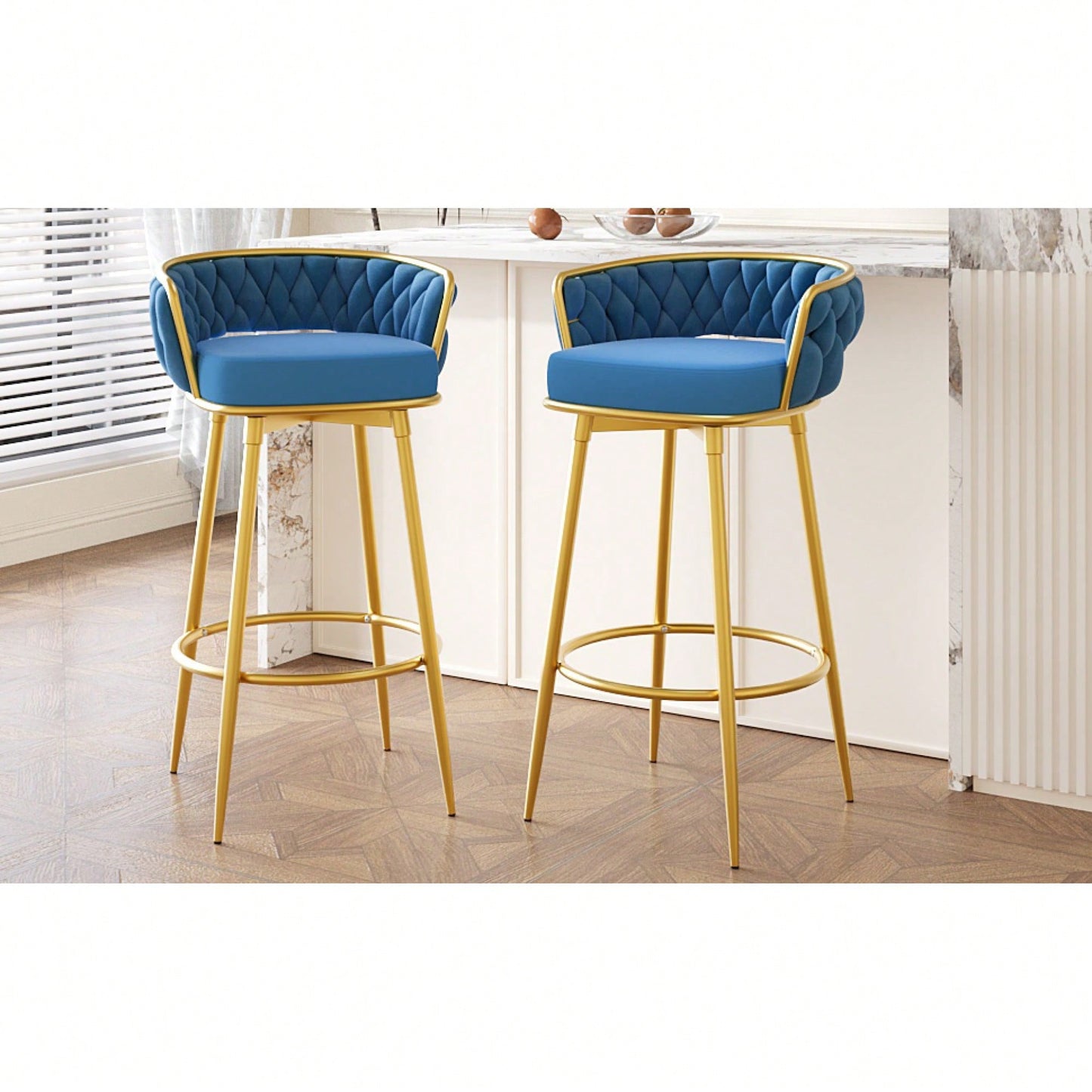 Modern Swivel Counter Height Bar Stools Set of 2 with Hand-Woven Backrest Gold Metal Legs Upholstered Low Back Kitchen Chairs Beige