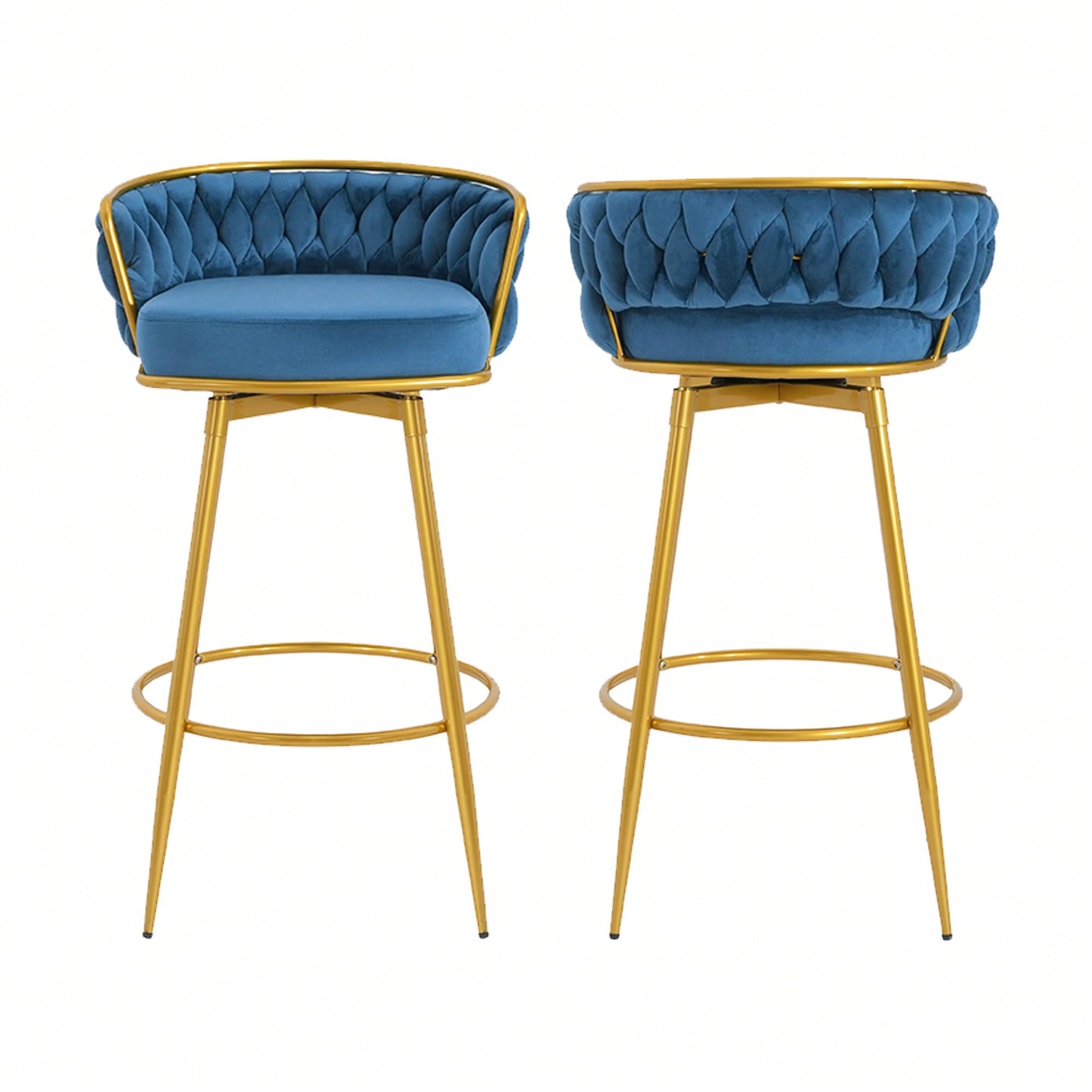 Modern Swivel Counter Height Bar Stools Set of 2 with Hand-Woven Backrest Gold Metal Legs Upholstered Low Back Kitchen Chairs Beige