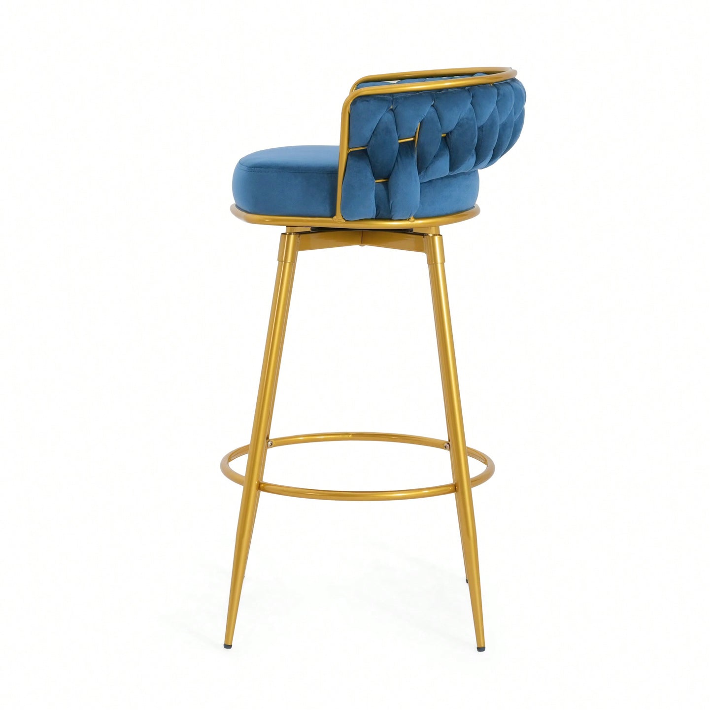 Modern Swivel Counter Height Bar Stools Set of 2 with Hand-Woven Backrest Gold Metal Legs Upholstered Low Back Kitchen Chairs Beige