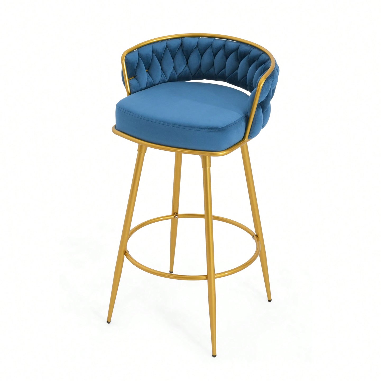 Modern Swivel Counter Height Bar Stools Set of 2 with Hand-Woven Backrest Gold Metal Legs Upholstered Low Back Kitchen Chairs Beige