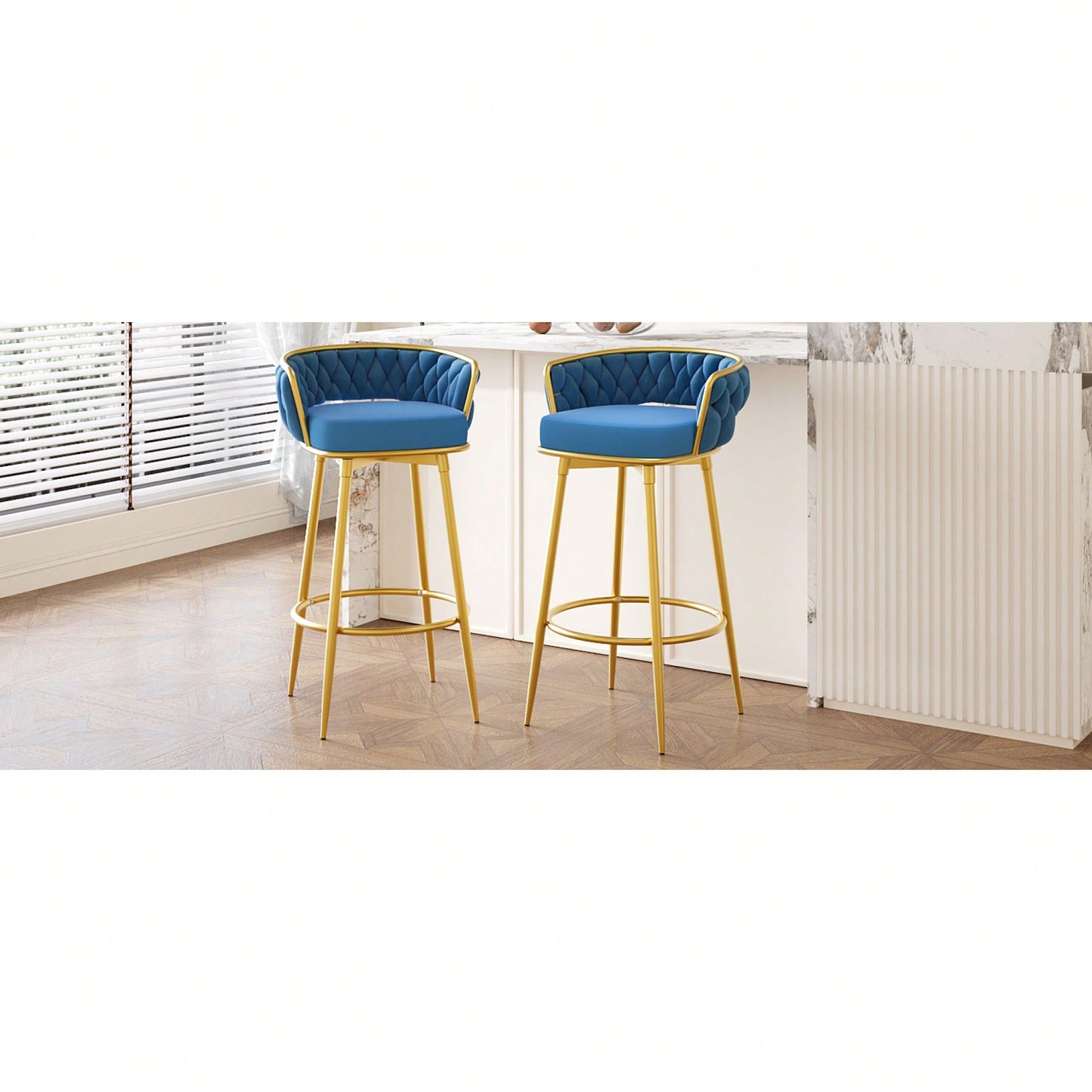 Modern Swivel Counter Height Bar Stools Set of 2 with Hand-Woven Backrest Gold Metal Legs Upholstered Low Back Kitchen Chairs Beige