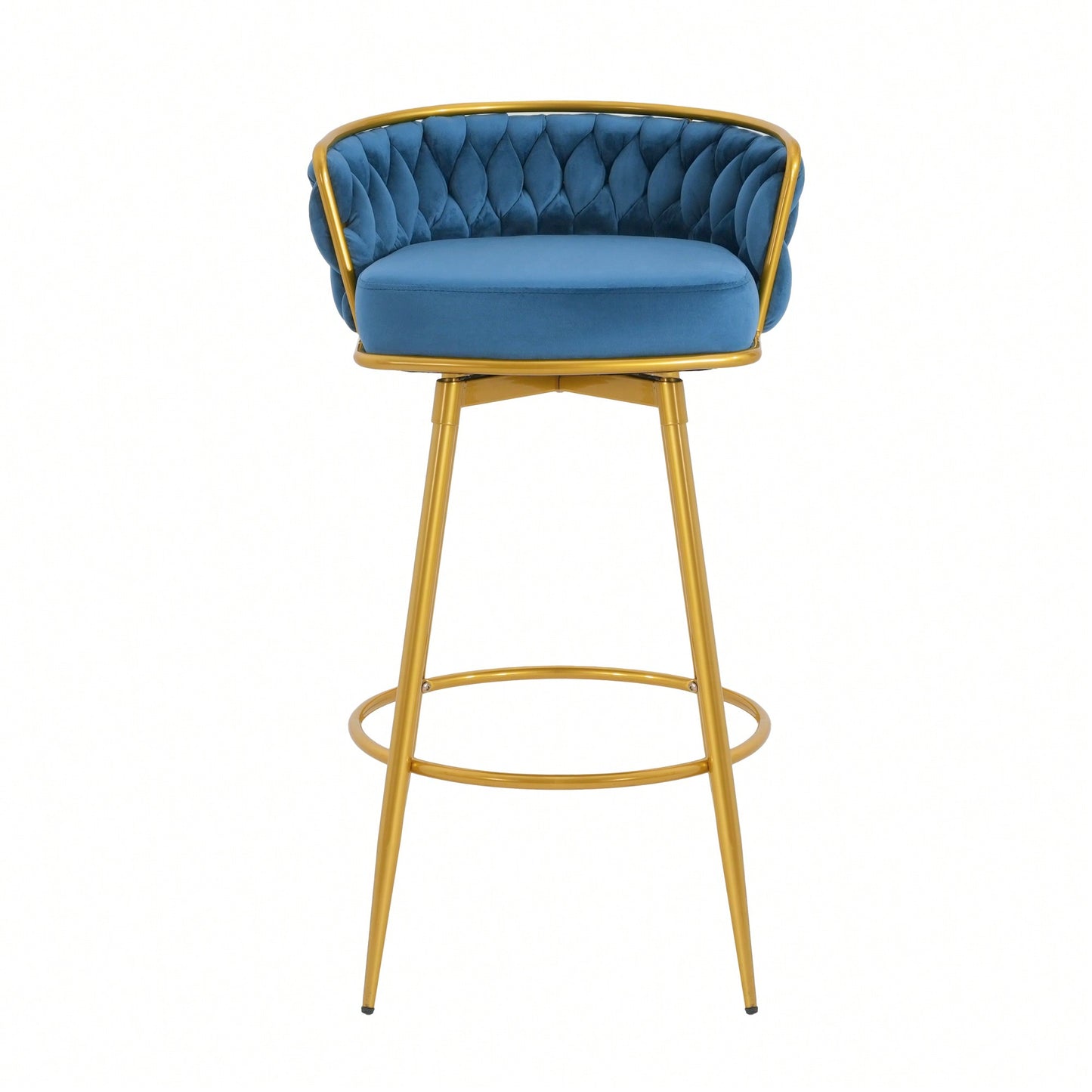 Modern Swivel Counter Height Bar Stools Set of 2 with Hand-Woven Backrest Gold Metal Legs Upholstered Low Back Kitchen Chairs Beige