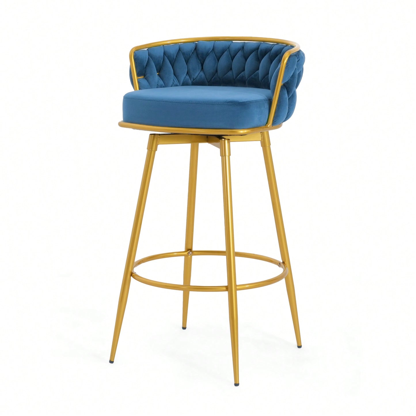 Modern Swivel Counter Height Bar Stools Set of 2 with Hand-Woven Backrest Gold Metal Legs Upholstered Low Back Kitchen Chairs Beige