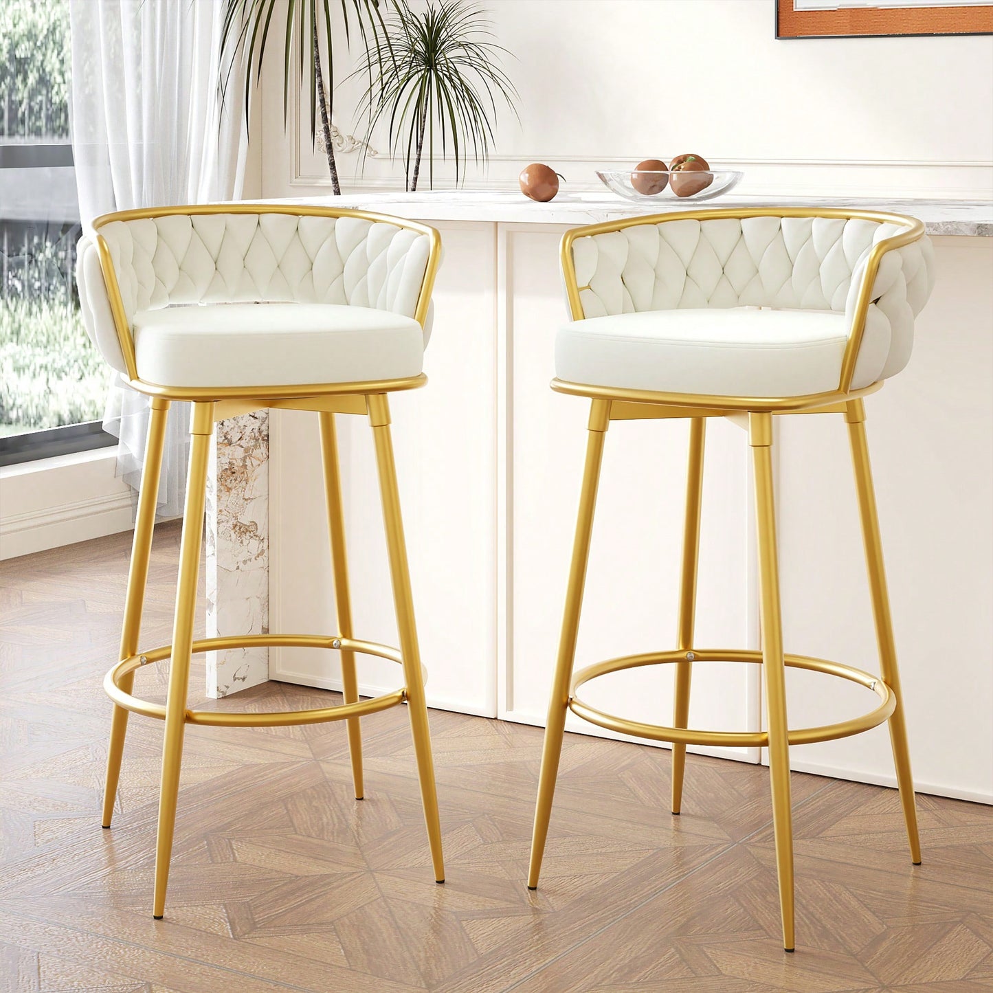 Modern Swivel Counter Height Bar Stools Set of 2 with Hand-Woven Backrest Gold Metal Legs Upholstered Low Back Kitchen Chairs Beige