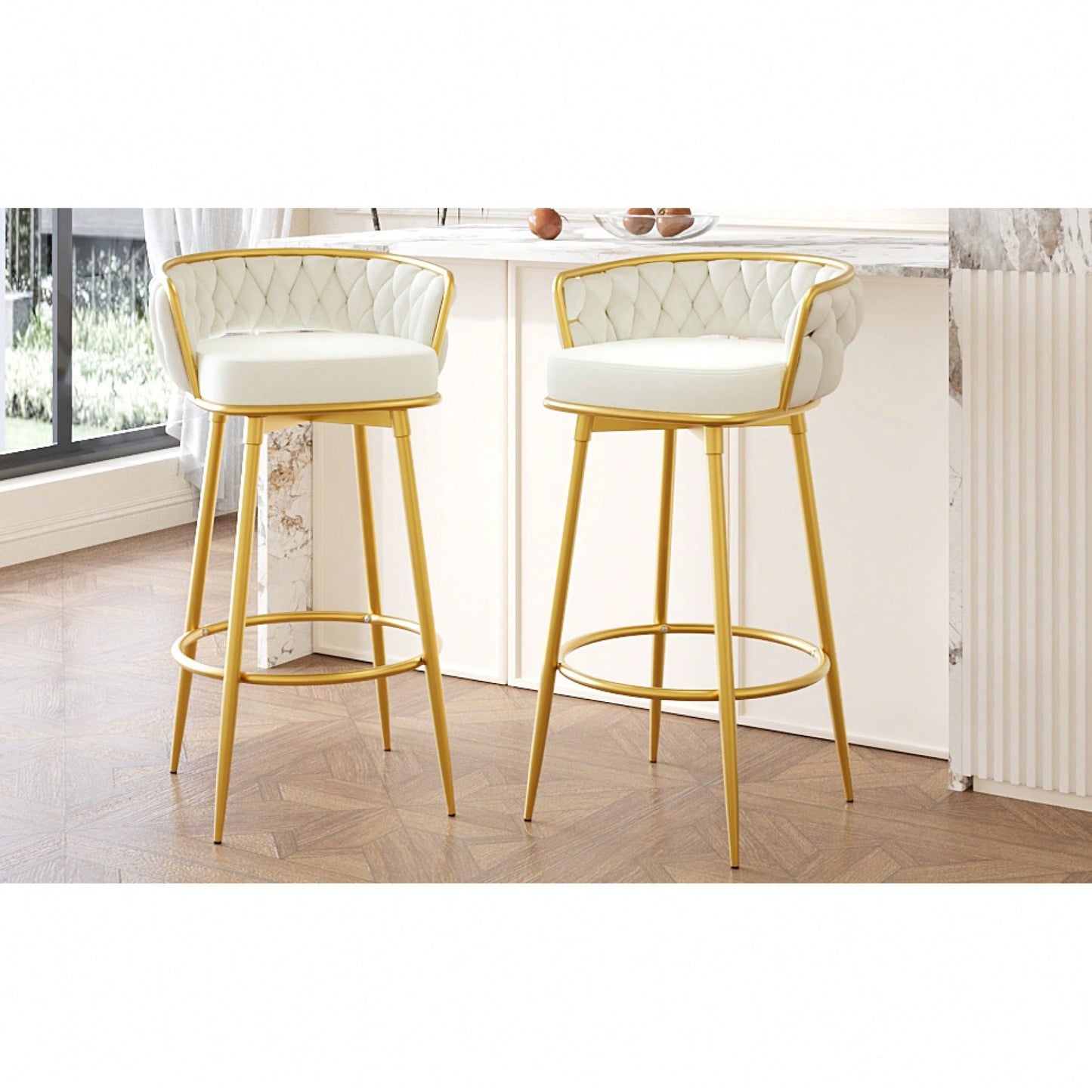 Modern Swivel Counter Height Bar Stools Set of 2 with Hand-Woven Backrest Gold Metal Legs Upholstered Low Back Kitchen Chairs Beige