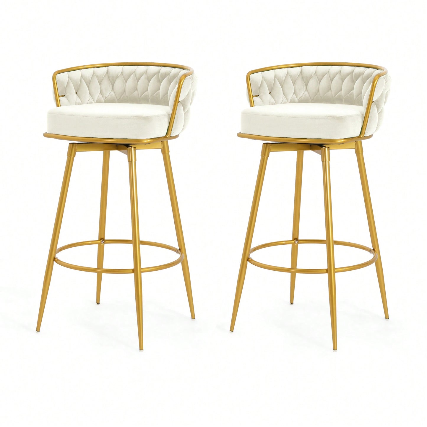 Modern Swivel Counter Height Bar Stools Set of 2 with Hand-Woven Backrest Gold Metal Legs Upholstered Low Back Kitchen Chairs Beige