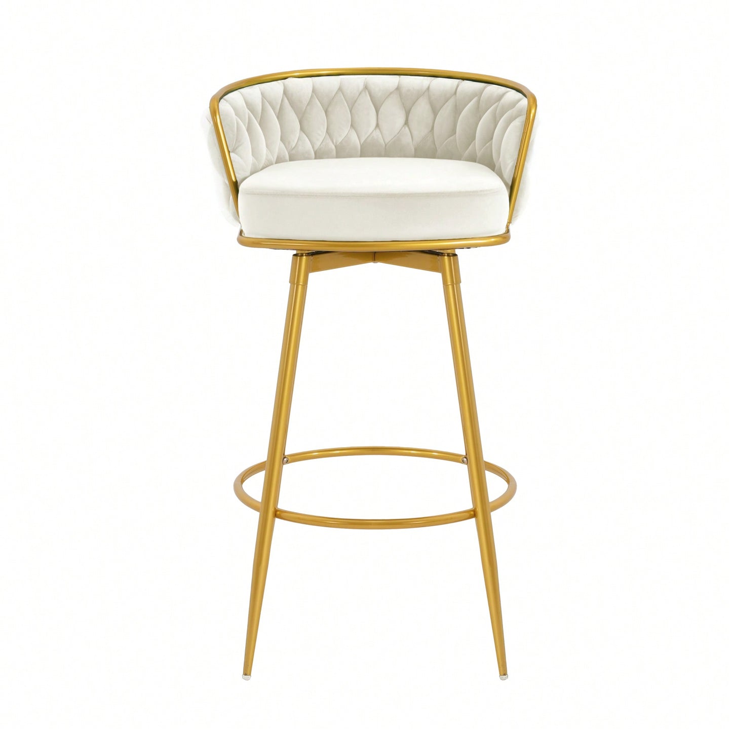 Modern Swivel Counter Height Bar Stools Set of 2 with Hand-Woven Backrest Gold Metal Legs Upholstered Low Back Kitchen Chairs Beige