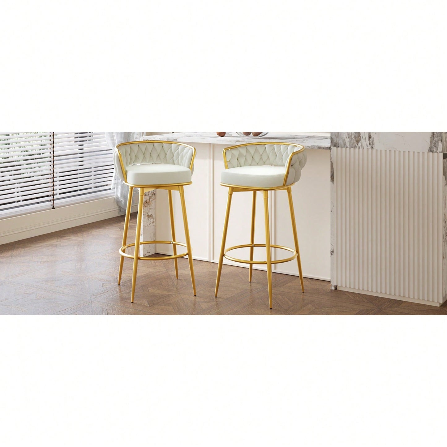 Modern Swivel Counter Height Bar Stools Set of 2 with Hand-Woven Backrest Gold Metal Legs Upholstered Low Back Kitchen Chairs Beige