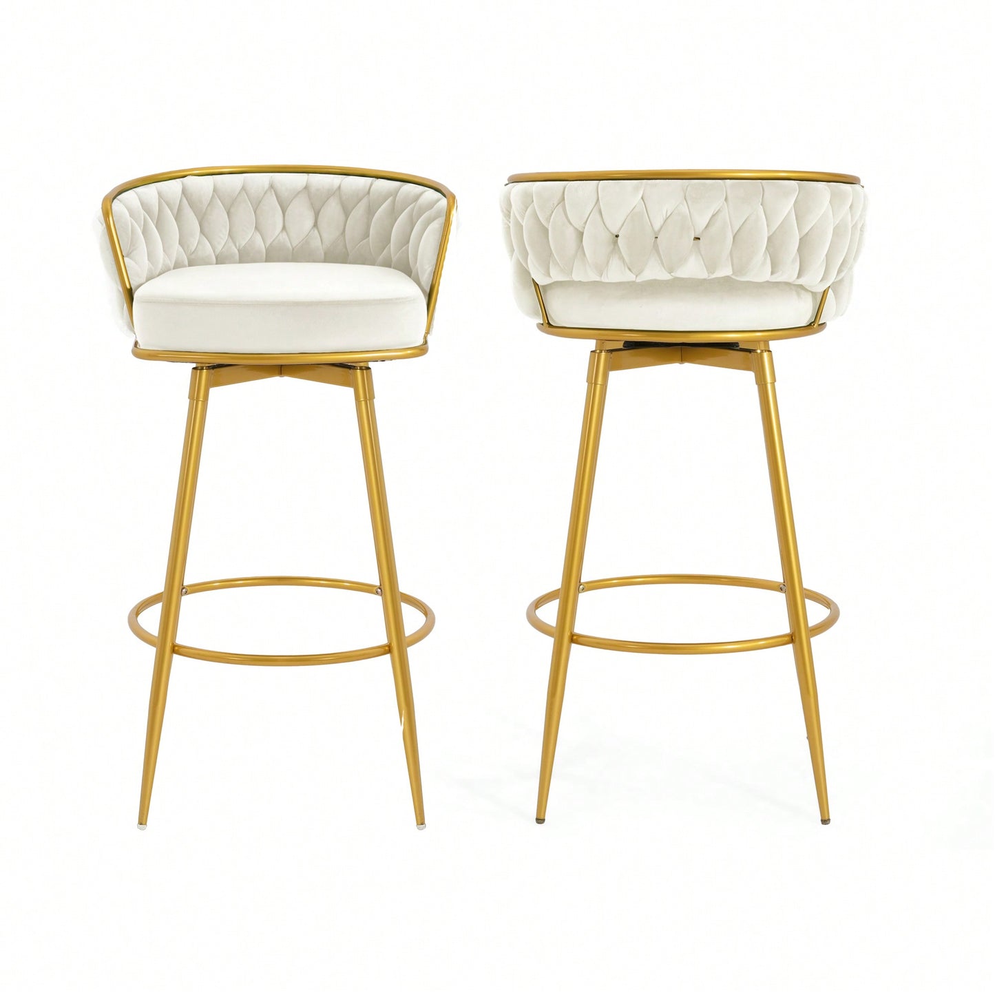 Modern Swivel Counter Height Bar Stools Set of 2 with Hand-Woven Backrest Gold Metal Legs Upholstered Low Back Kitchen Chairs Beige