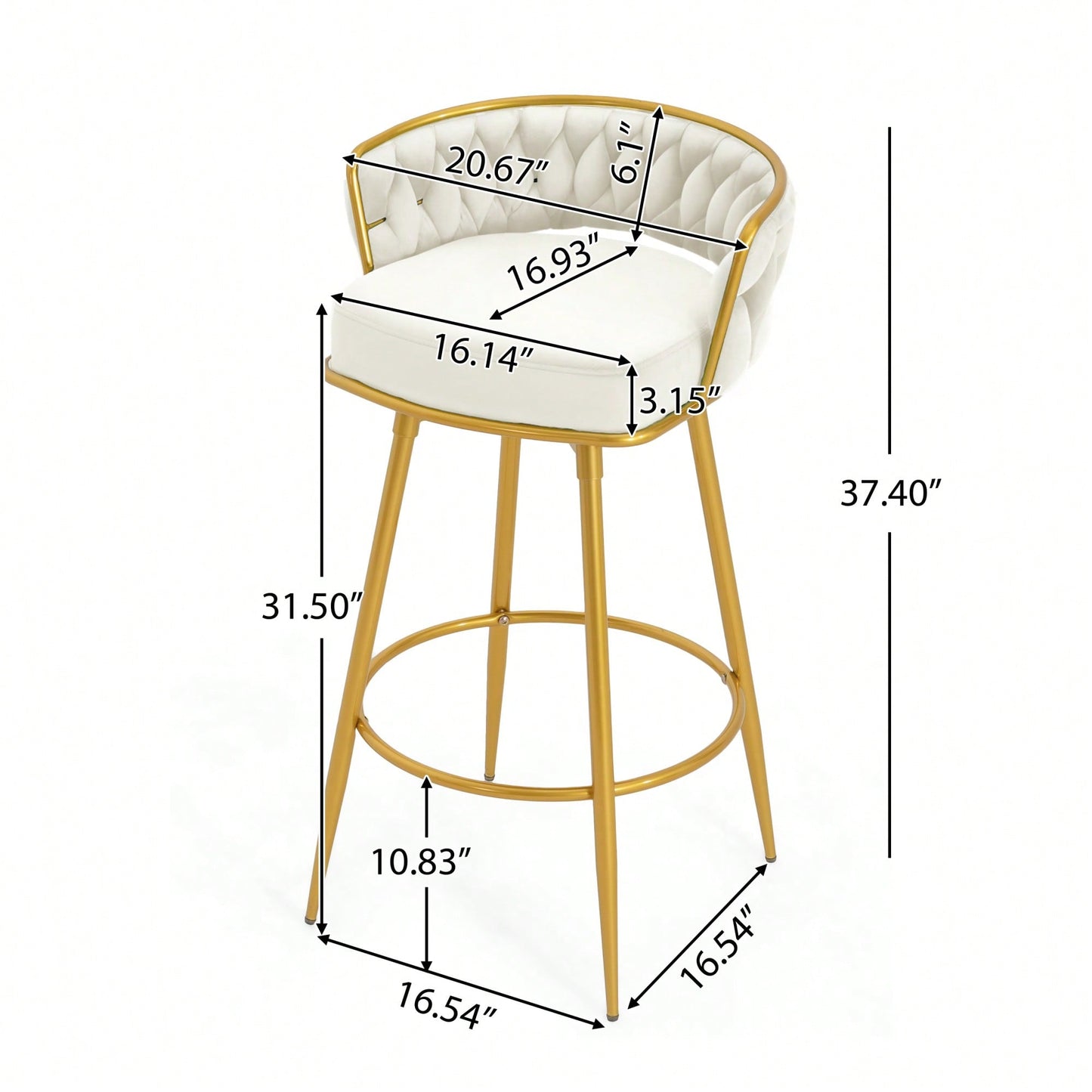 Modern Swivel Counter Height Bar Stools Set of 2 with Hand-Woven Backrest Gold Metal Legs Upholstered Low Back Kitchen Chairs Beige