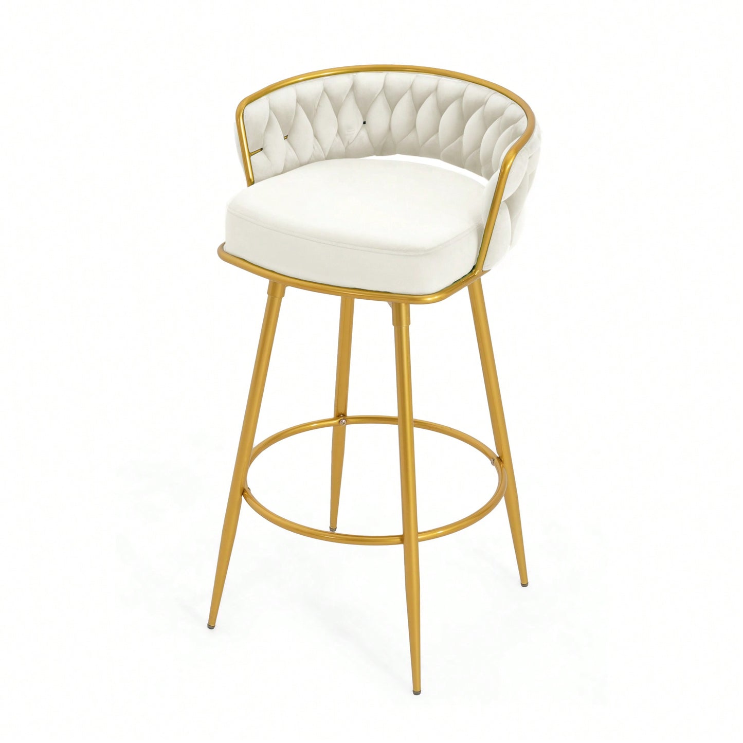 Modern Swivel Counter Height Bar Stools Set of 2 with Hand-Woven Backrest Gold Metal Legs Upholstered Low Back Kitchen Chairs Beige