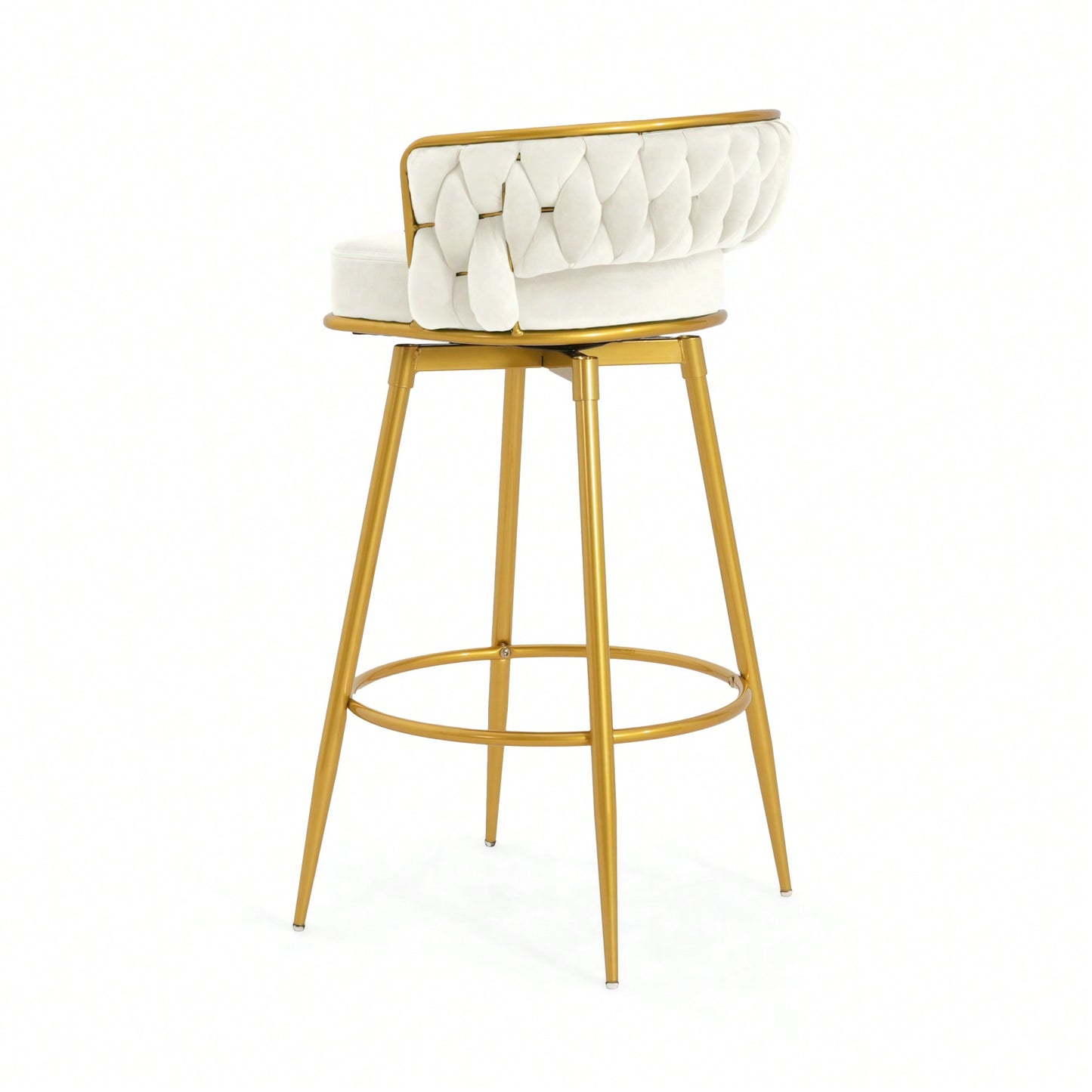 Modern Swivel Counter Height Bar Stools Set of 2 with Hand-Woven Backrest Gold Metal Legs Upholstered Low Back Kitchen Chairs Beige