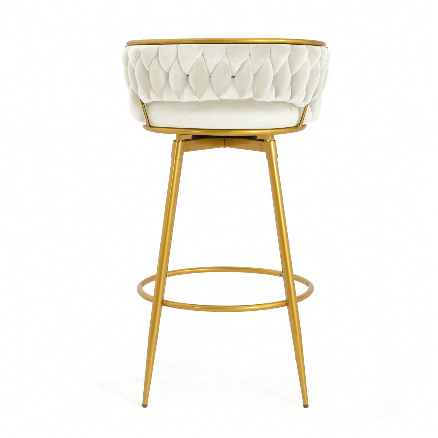 Modern Swivel Counter Height Bar Stools Set of 2 with Hand-Woven Backrest Gold Metal Legs Upholstered Low Back Kitchen Chairs Beige