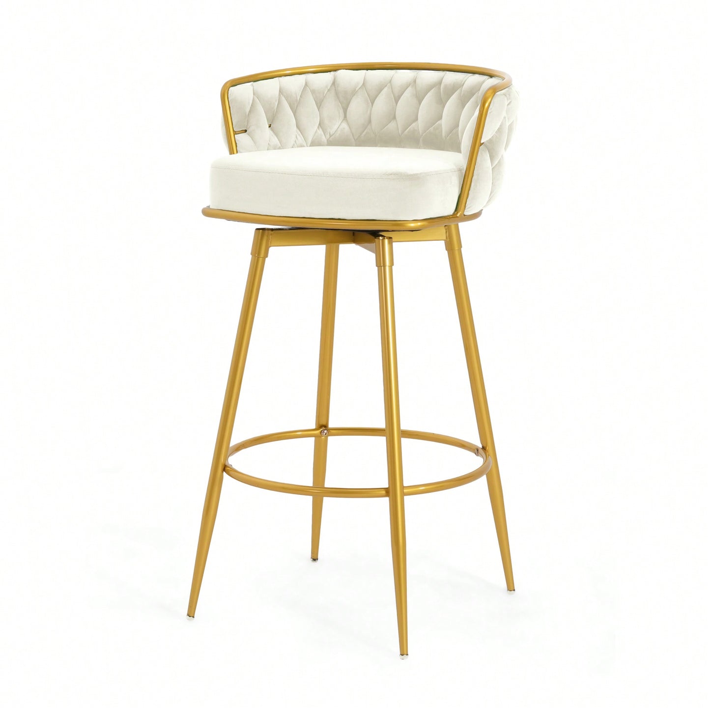 Modern Swivel Counter Height Bar Stools Set of 2 with Hand-Woven Backrest Gold Metal Legs Upholstered Low Back Kitchen Chairs Beige