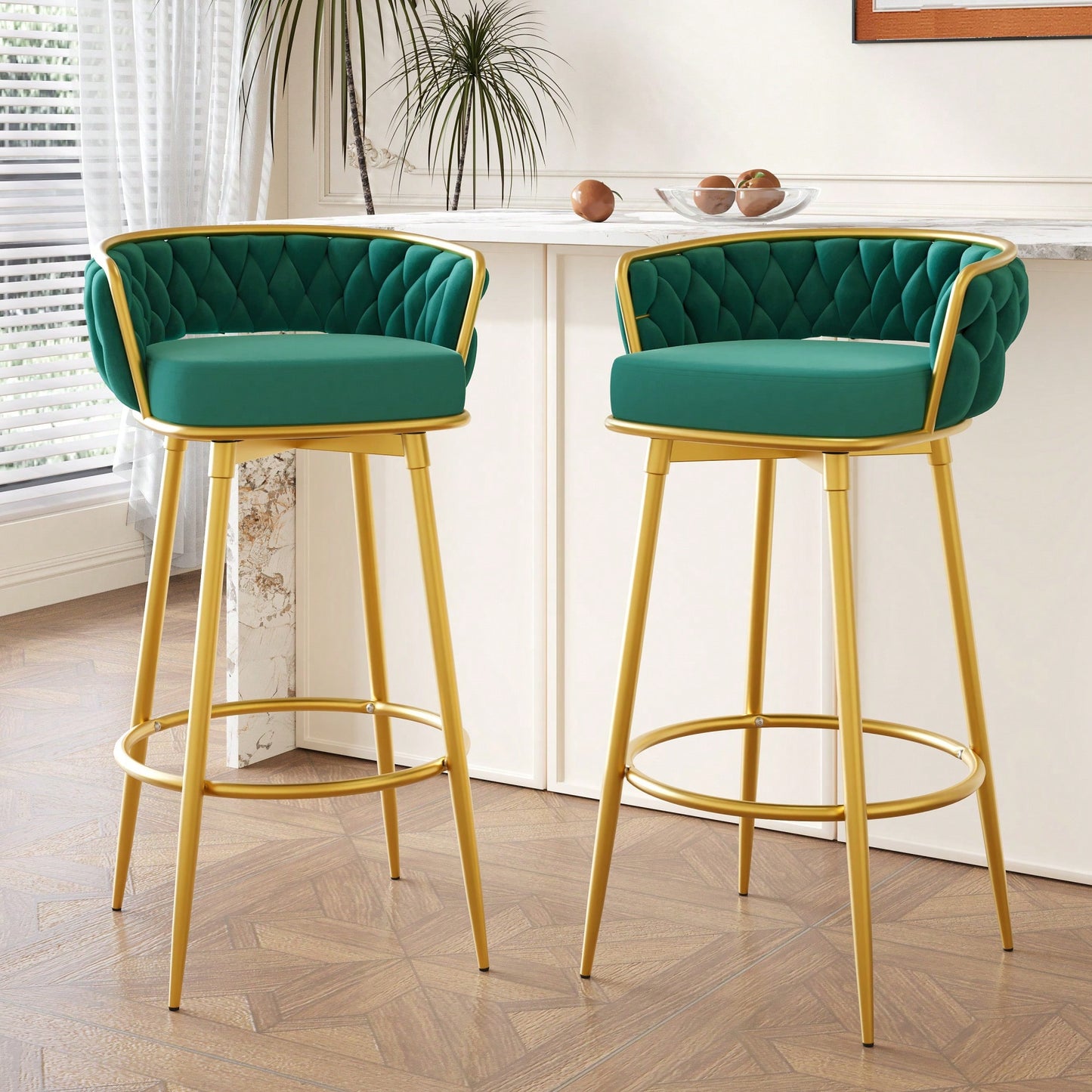 Modern Swivel Counter Height Bar Stools Set of 2 with Hand-Woven Backrest Gold Metal Legs Upholstered Low Back Kitchen Chairs Beige
