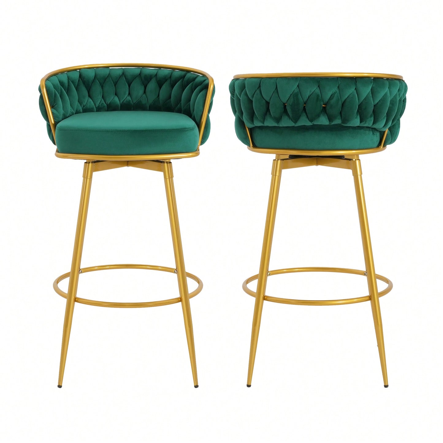 Modern Swivel Counter Height Bar Stools Set of 2 with Hand-Woven Backrest Gold Metal Legs Upholstered Low Back Kitchen Chairs Beige