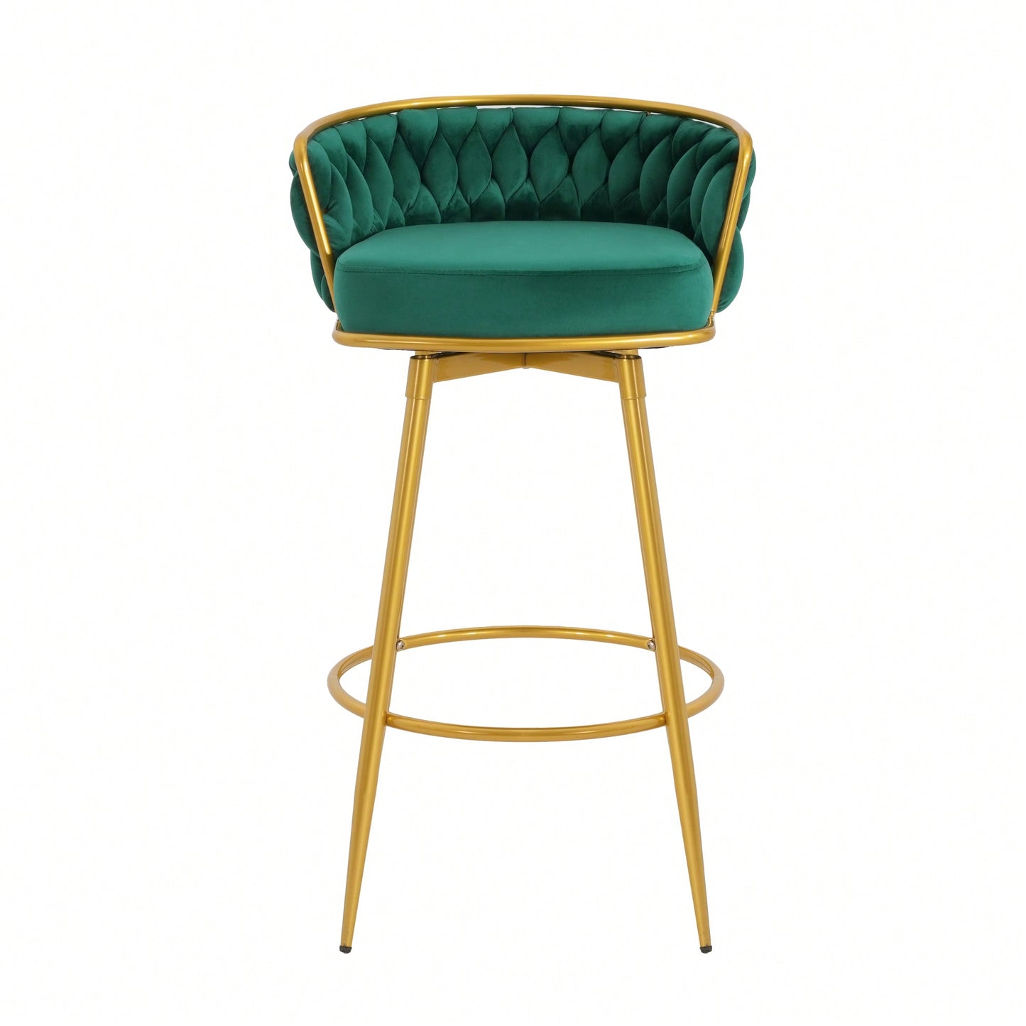 Modern Swivel Counter Height Bar Stools Set of 2 with Hand-Woven Backrest Gold Metal Legs Upholstered Low Back Kitchen Chairs Beige