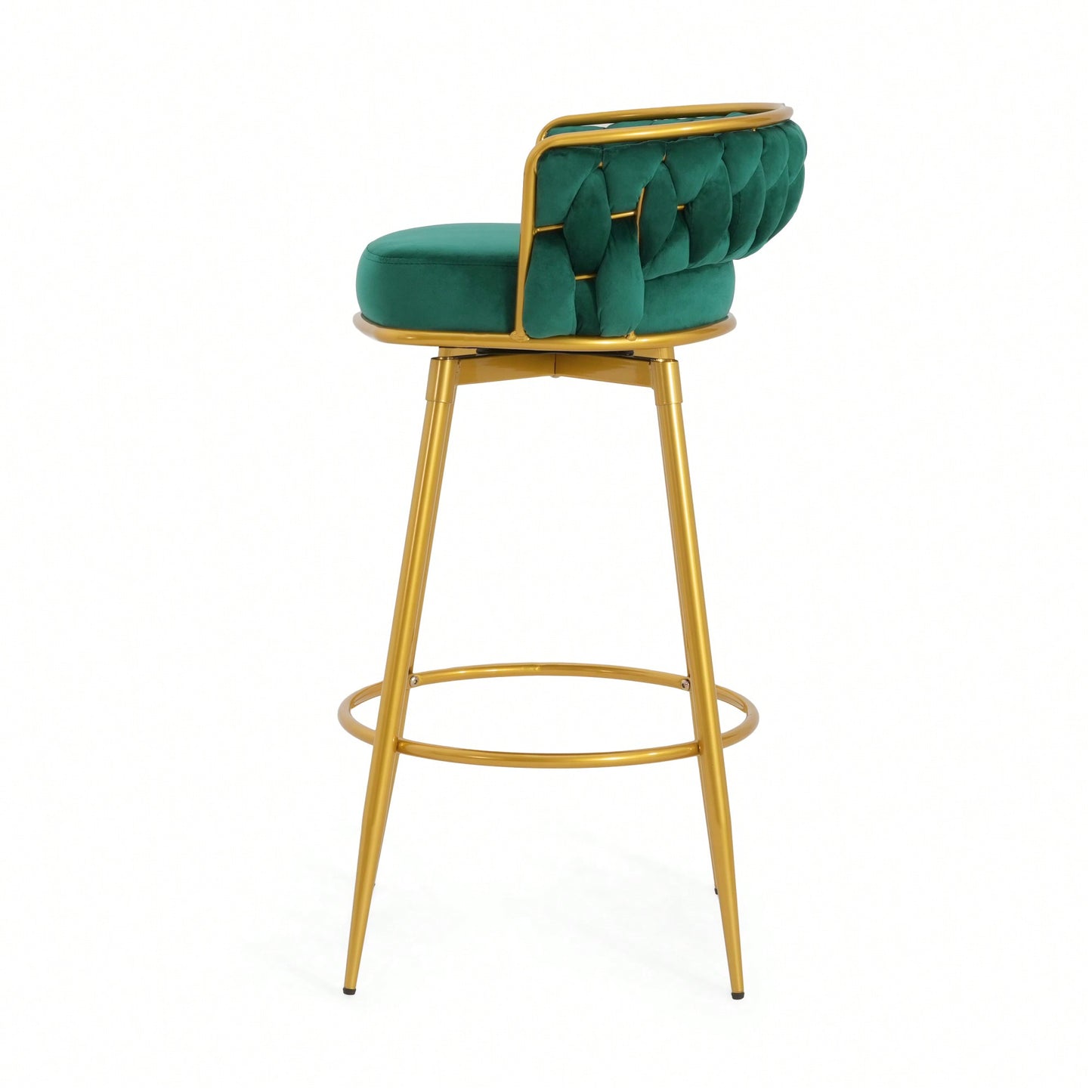 Modern Swivel Counter Height Bar Stools Set of 2 with Hand-Woven Backrest Gold Metal Legs Upholstered Low Back Kitchen Chairs Beige