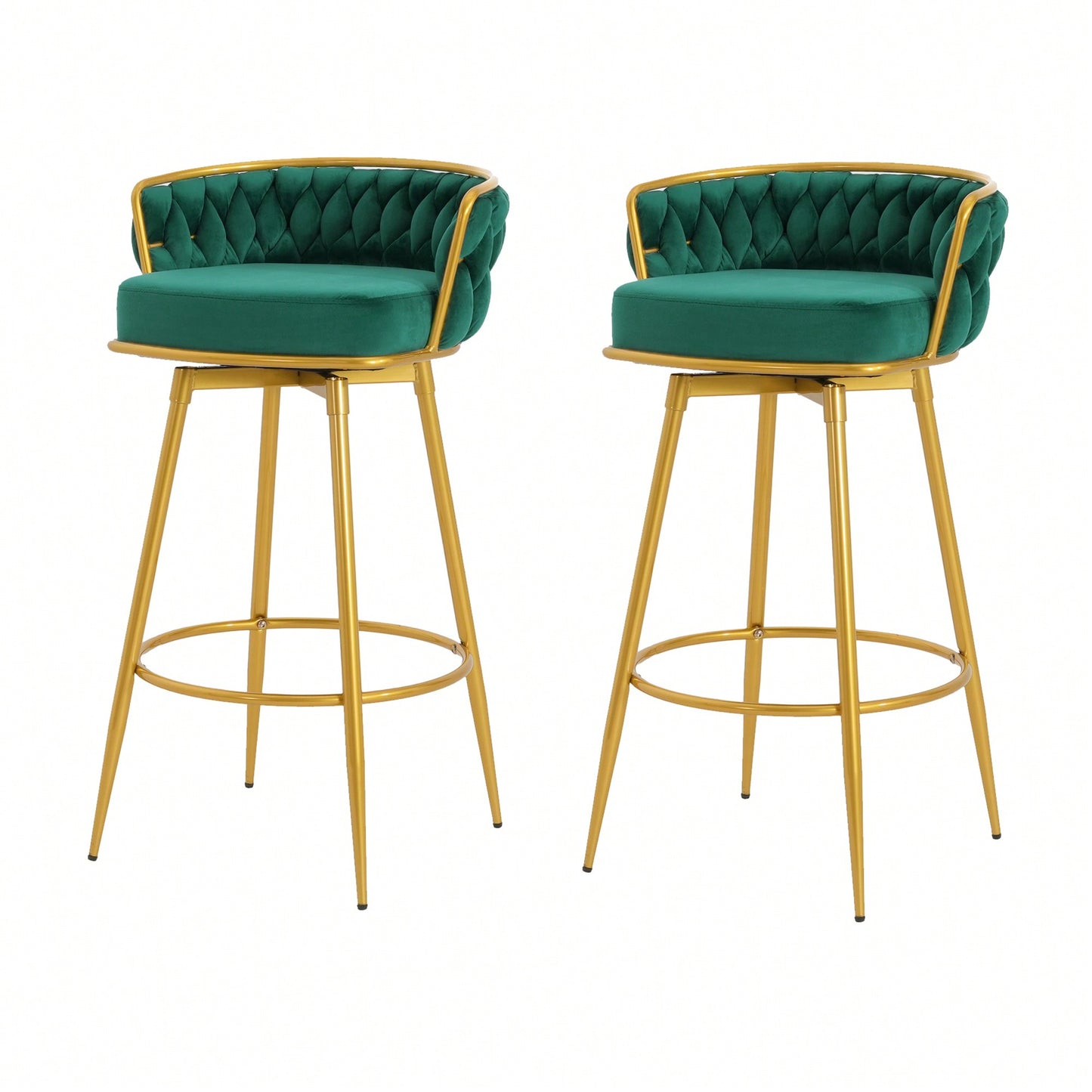 Modern Swivel Counter Height Bar Stools Set of 2 with Hand-Woven Backrest Gold Metal Legs Upholstered Low Back Kitchen Chairs Beige