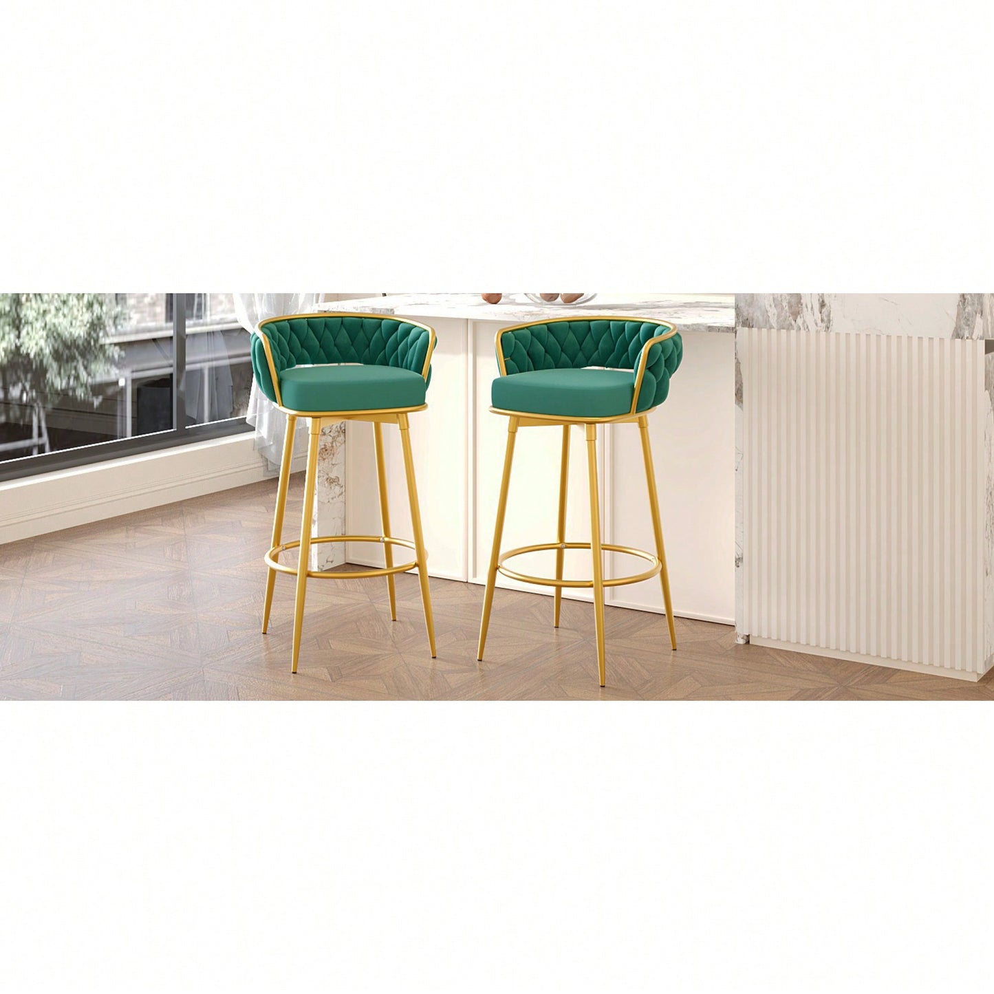 Modern Swivel Counter Height Bar Stools Set of 2 with Hand-Woven Backrest Gold Metal Legs Upholstered Low Back Kitchen Chairs Beige