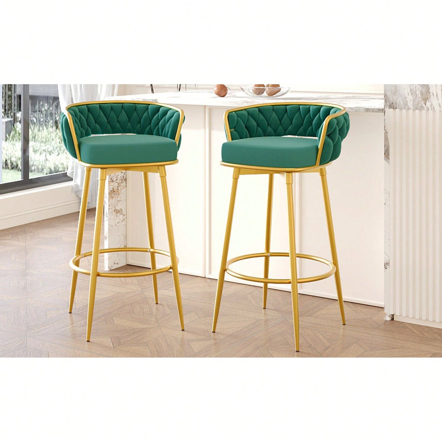 Modern Swivel Counter Height Bar Stools Set of 2 with Hand-Woven Backrest Gold Metal Legs Upholstered Low Back Kitchen Chairs Beige
