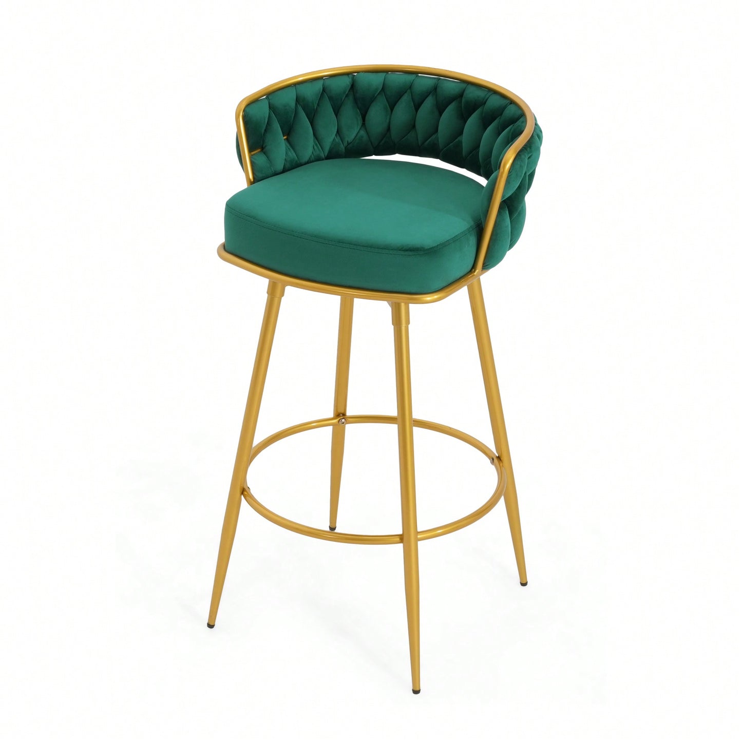 Modern Swivel Counter Height Bar Stools Set of 2 with Hand-Woven Backrest Gold Metal Legs Upholstered Low Back Kitchen Chairs Beige