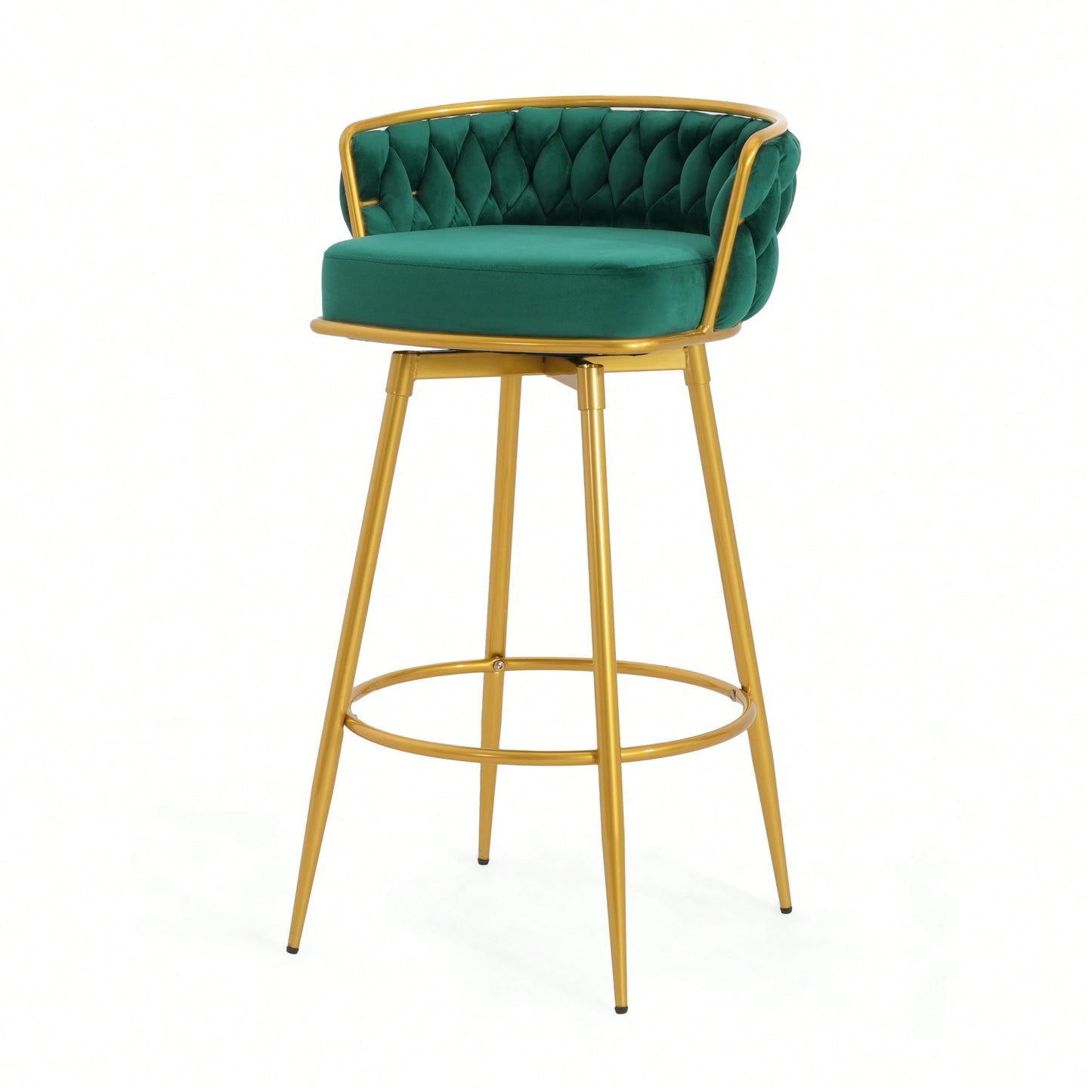 Modern Swivel Counter Height Bar Stools Set of 2 with Hand-Woven Backrest Gold Metal Legs Upholstered Low Back Kitchen Chairs Beige