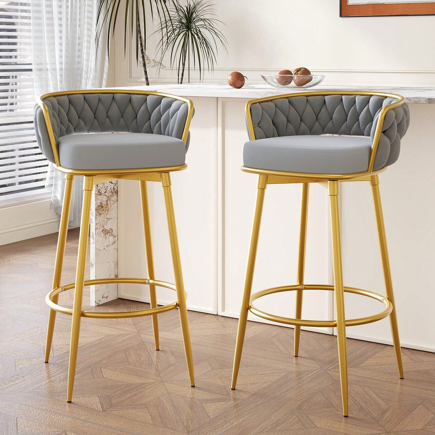 Modern Swivel Counter Height Bar Stools Set of 2 with Hand-Woven Backrest Gold Metal Legs Upholstered Low Back Kitchen Chairs Beige