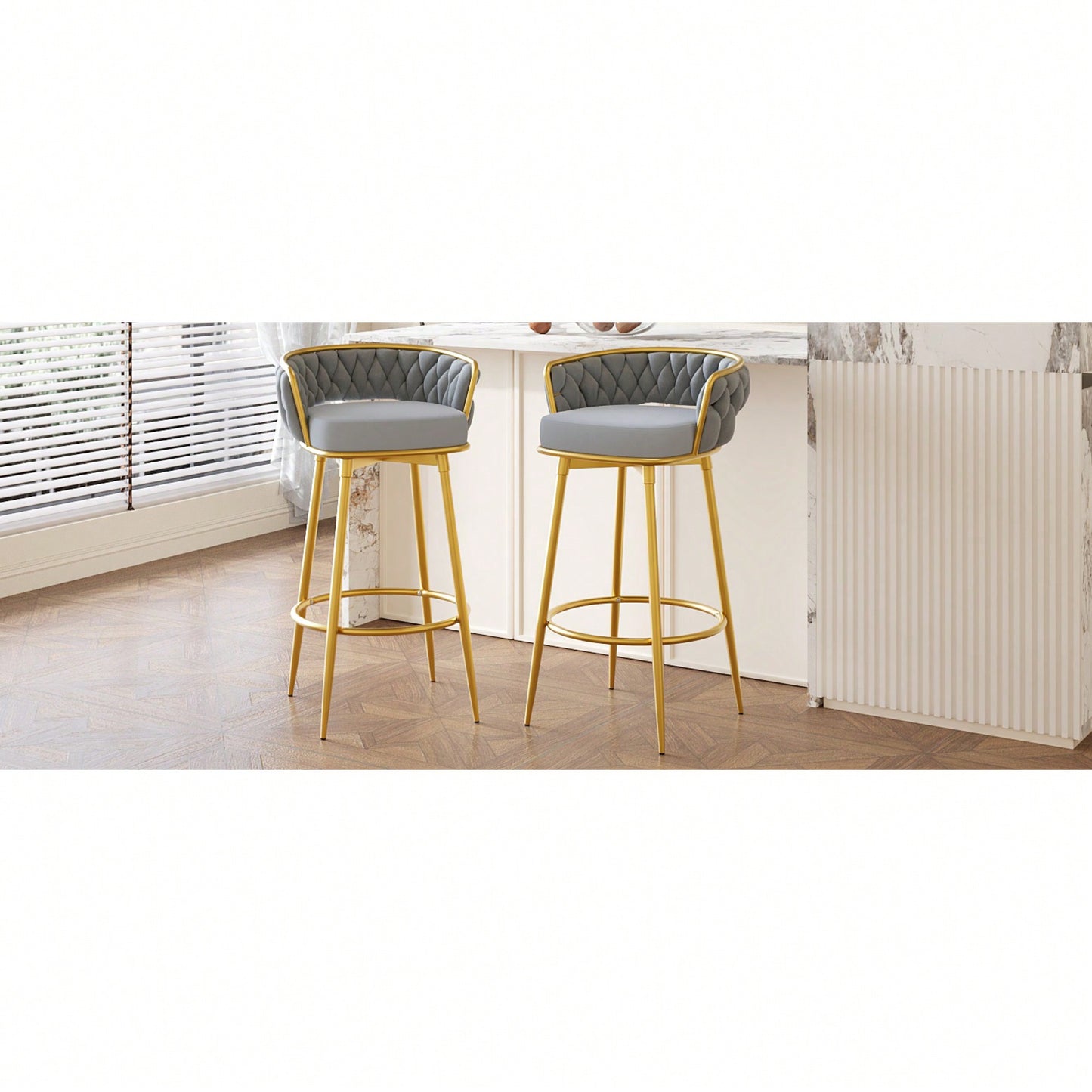 Modern Swivel Counter Height Bar Stools Set of 2 with Hand-Woven Backrest Gold Metal Legs Upholstered Low Back Kitchen Chairs Beige