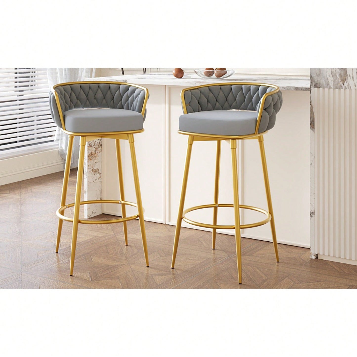 Modern Swivel Counter Height Bar Stools Set of 2 with Hand-Woven Backrest Gold Metal Legs Upholstered Low Back Kitchen Chairs Beige