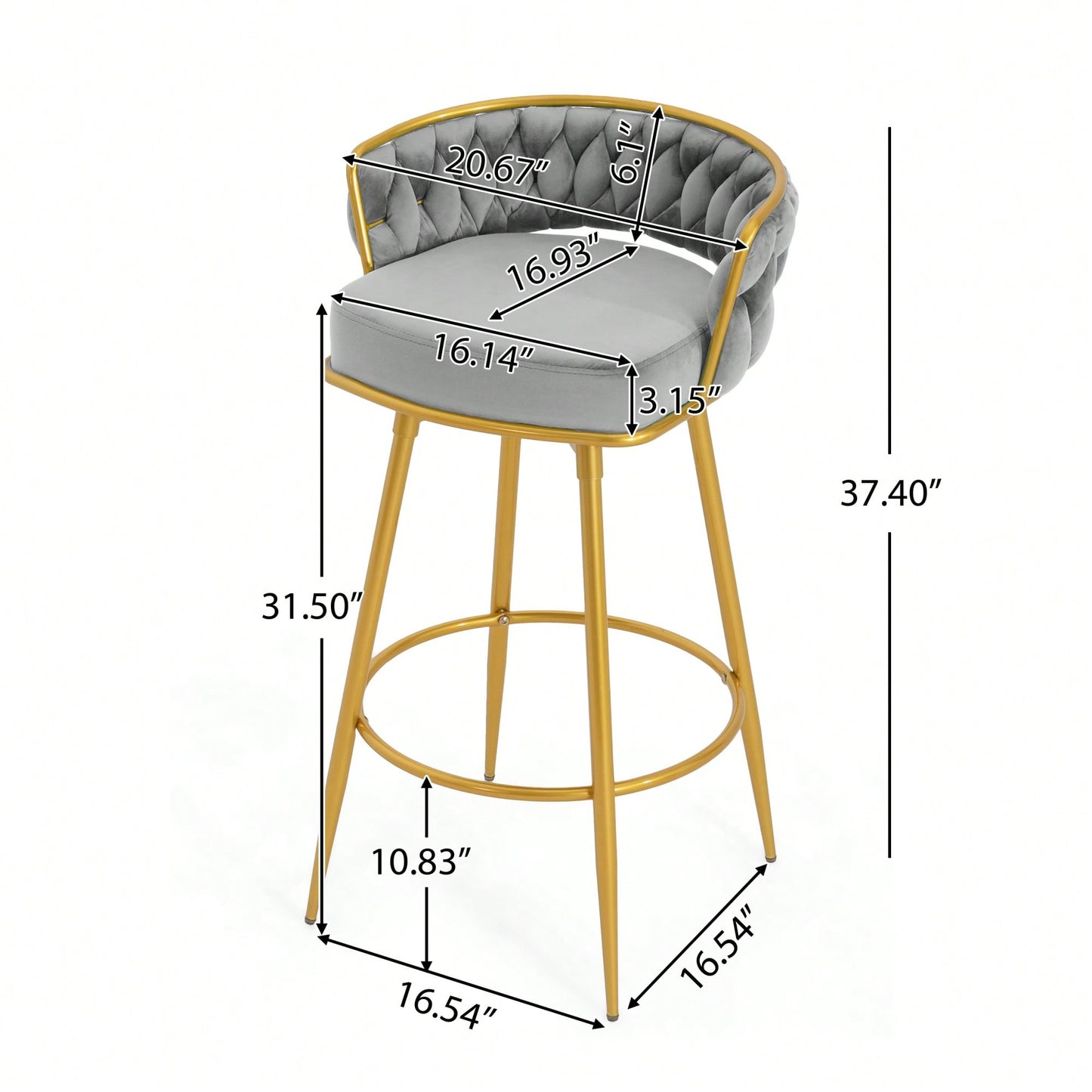 Modern Swivel Counter Height Bar Stools Set of 2 with Hand-Woven Backrest Gold Metal Legs Upholstered Low Back Kitchen Chairs Beige