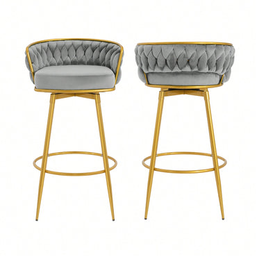 Modern Swivel Counter Height Bar Stools Set of 2 with Hand-Woven Backrest Gold Metal Legs Upholstered Low Back Kitchen Chairs Beige