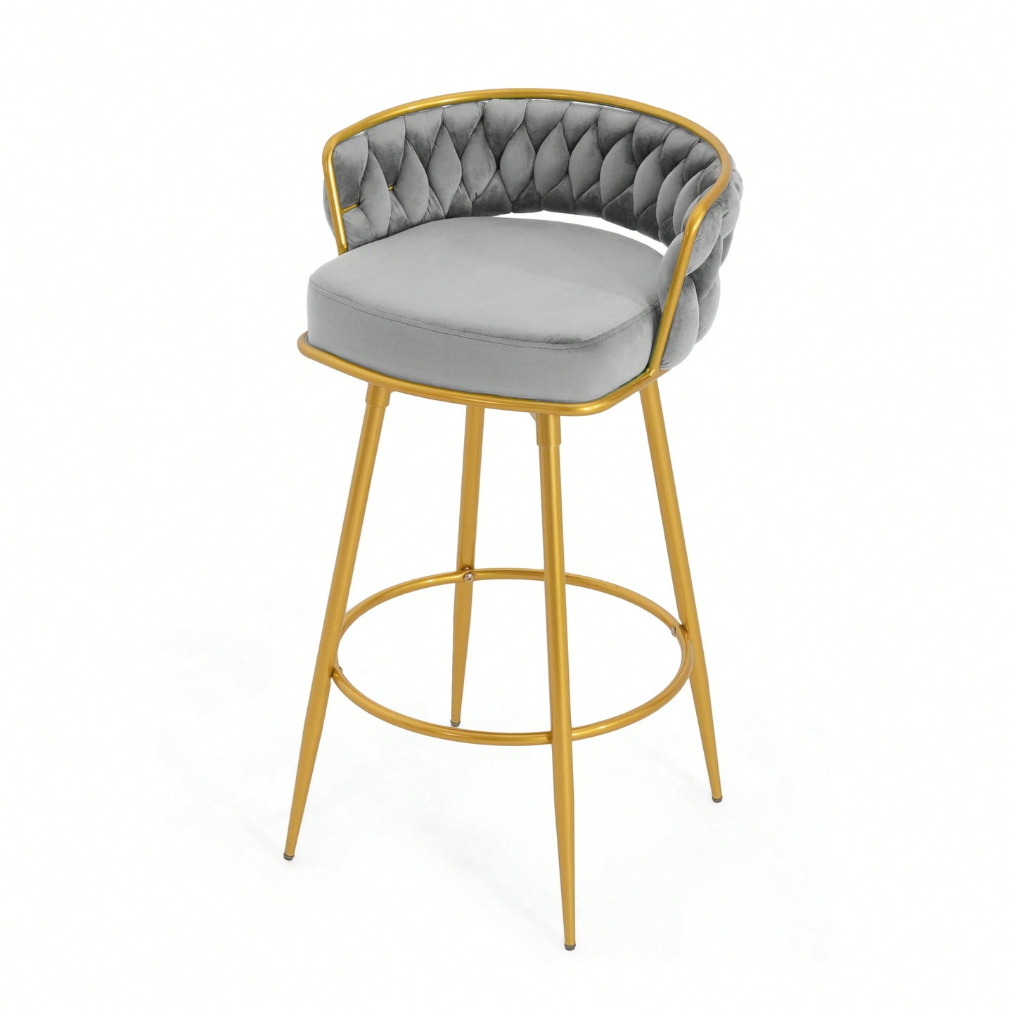 Modern Swivel Counter Height Bar Stools Set of 2 with Hand-Woven Backrest Gold Metal Legs Upholstered Low Back Kitchen Chairs Beige